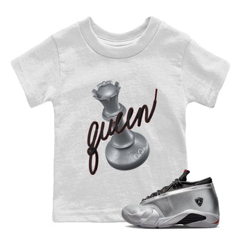 Air Jordan 14 Metallic Silver Sneaker Match Tees 3D Queen Sneaker Tees AJ14 Metallic Silver Sneaker Release Tees Kids Shirts White 1