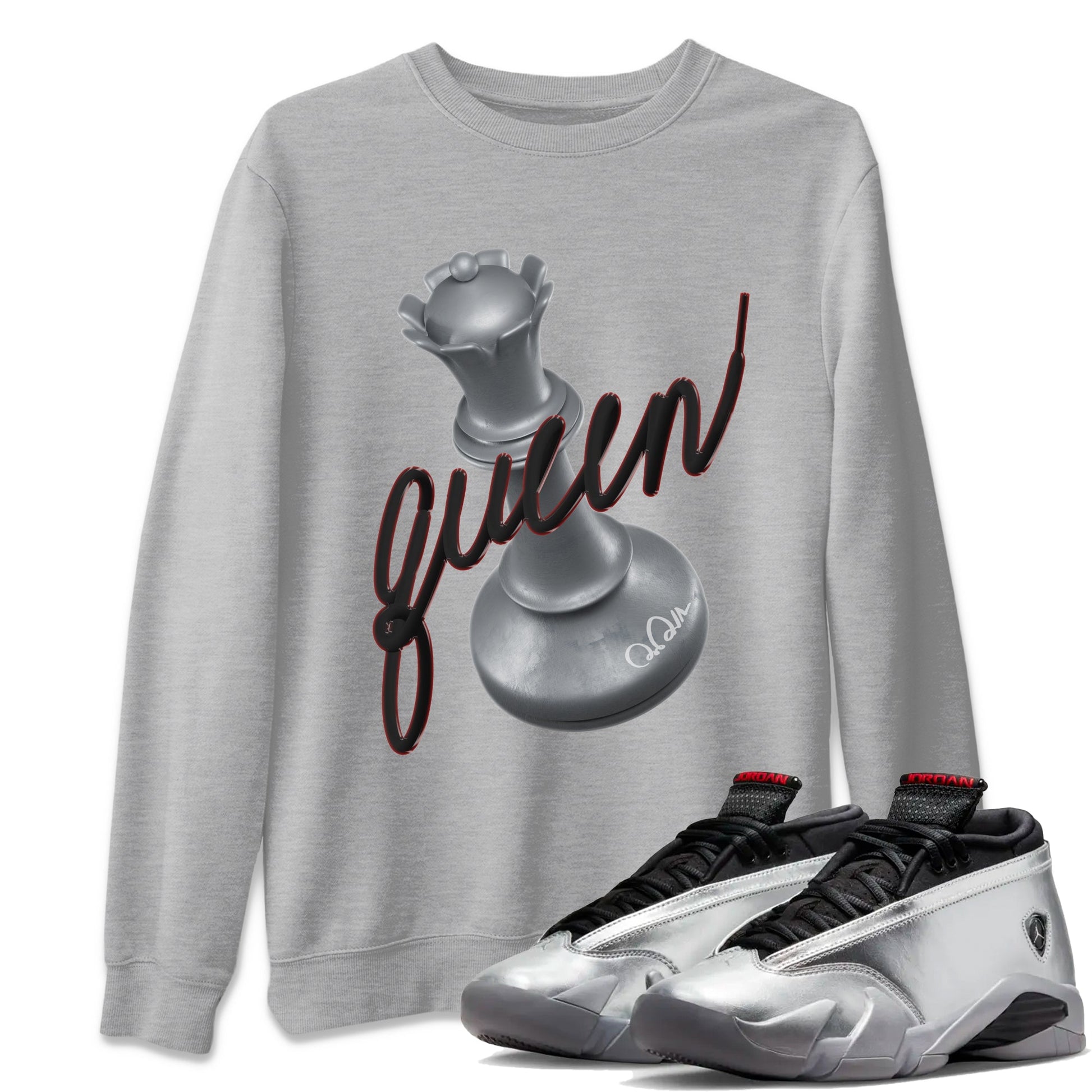 Air Jordan 14 Metallic Silver Sneaker Match Tees 3D Queen Sneaker Tees AJ14 Metallic Silver Sneaker Release Tees Unisex Shirts Heather Grey 1