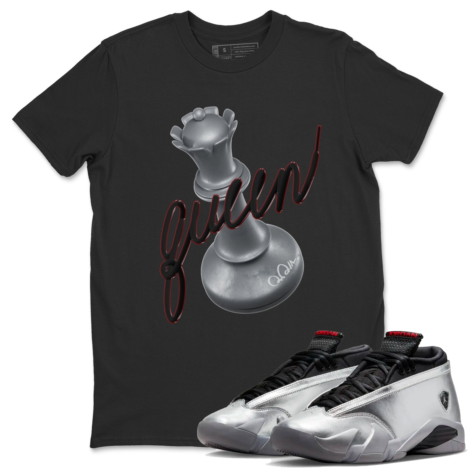 Air Jordan 14 Metallic Silver Sneaker Match Tees 3D Queen Sneaker Tees AJ14 Metallic Silver Sneaker Release Tees Unisex Shirts Black 1