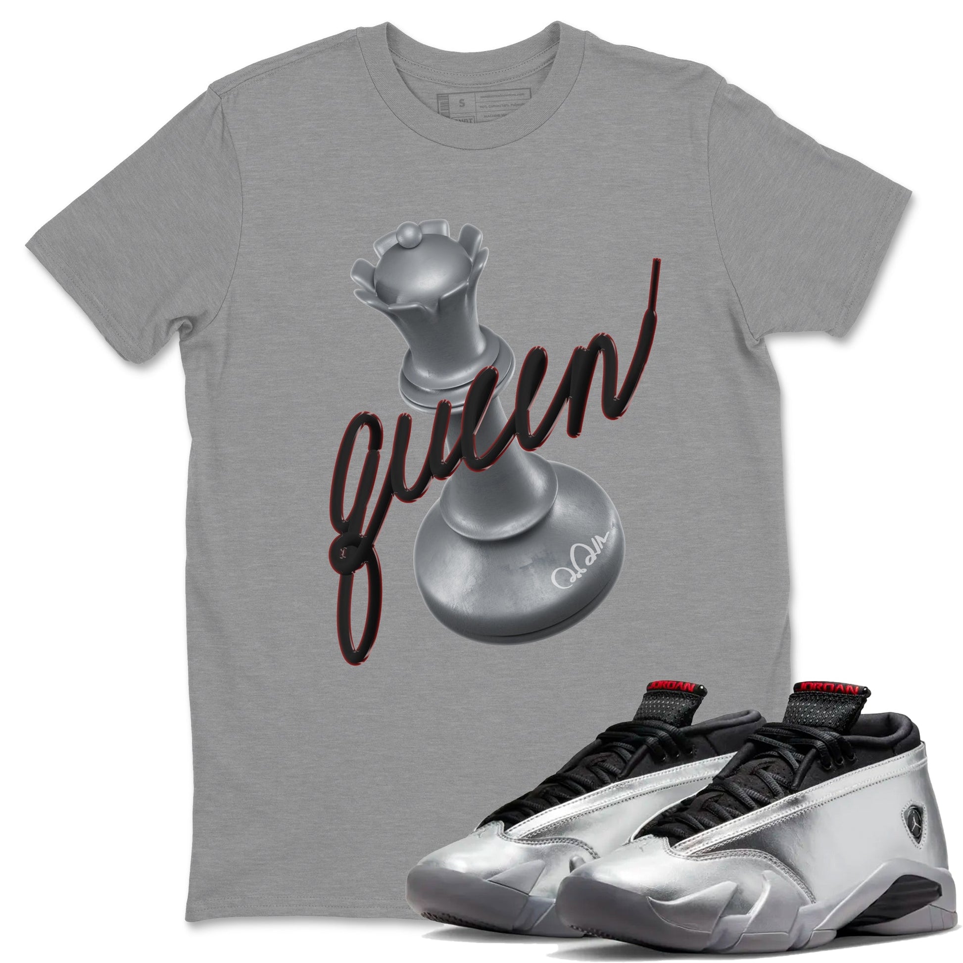 Air Jordan 14 Metallic Silver 3D Queen Crew Neck Sneaker Tees AJ14 Metallic Silver Sneaker T-Shirts Size Chart