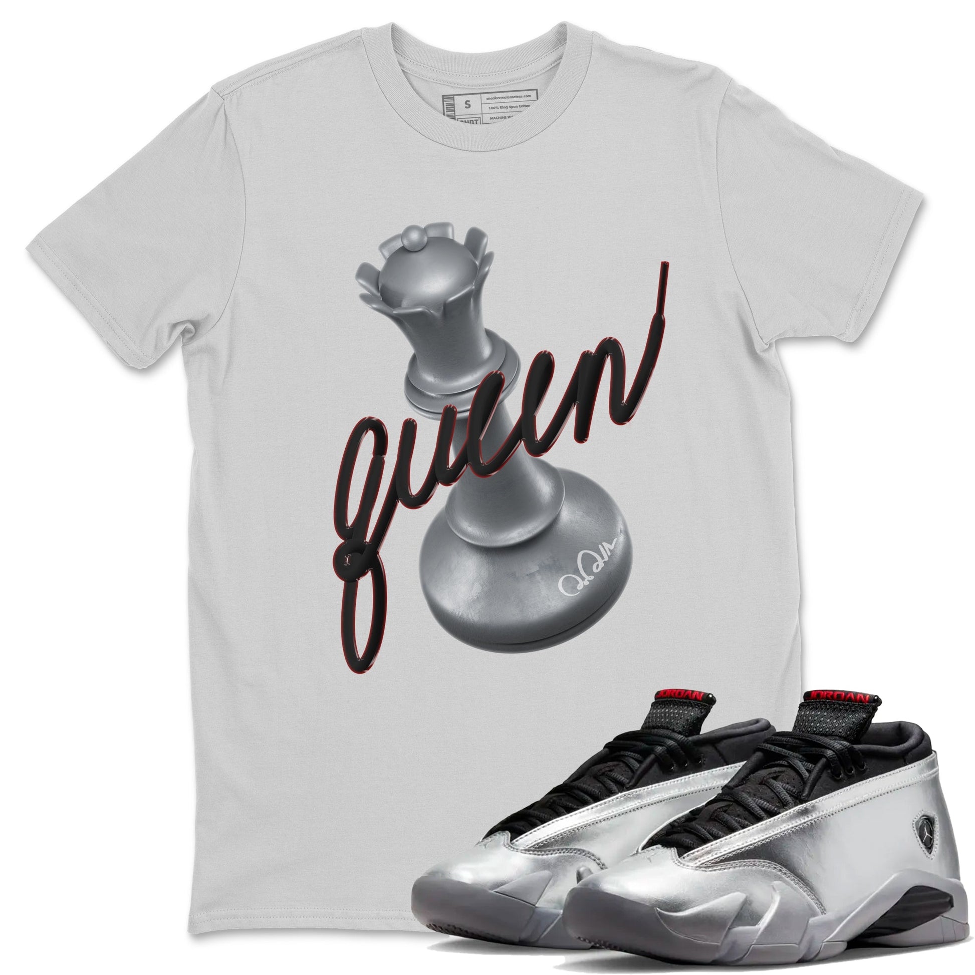 Air Jordan 14 Metallic Silver 3D Queen Crew Neck Sneaker Tees AJ14 Metallic Silver Sneaker T-Shirts Washing and Care Tip