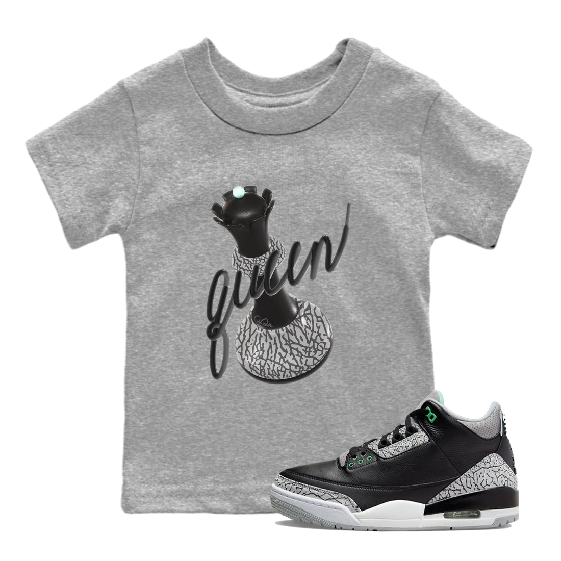 3s Green Glow shirt to match jordans 3D Queen sneaker tees Air Jordan 3 Green Glow SNRT sneaker release tees baby toddler Heather Grey 1 cotton Shirt