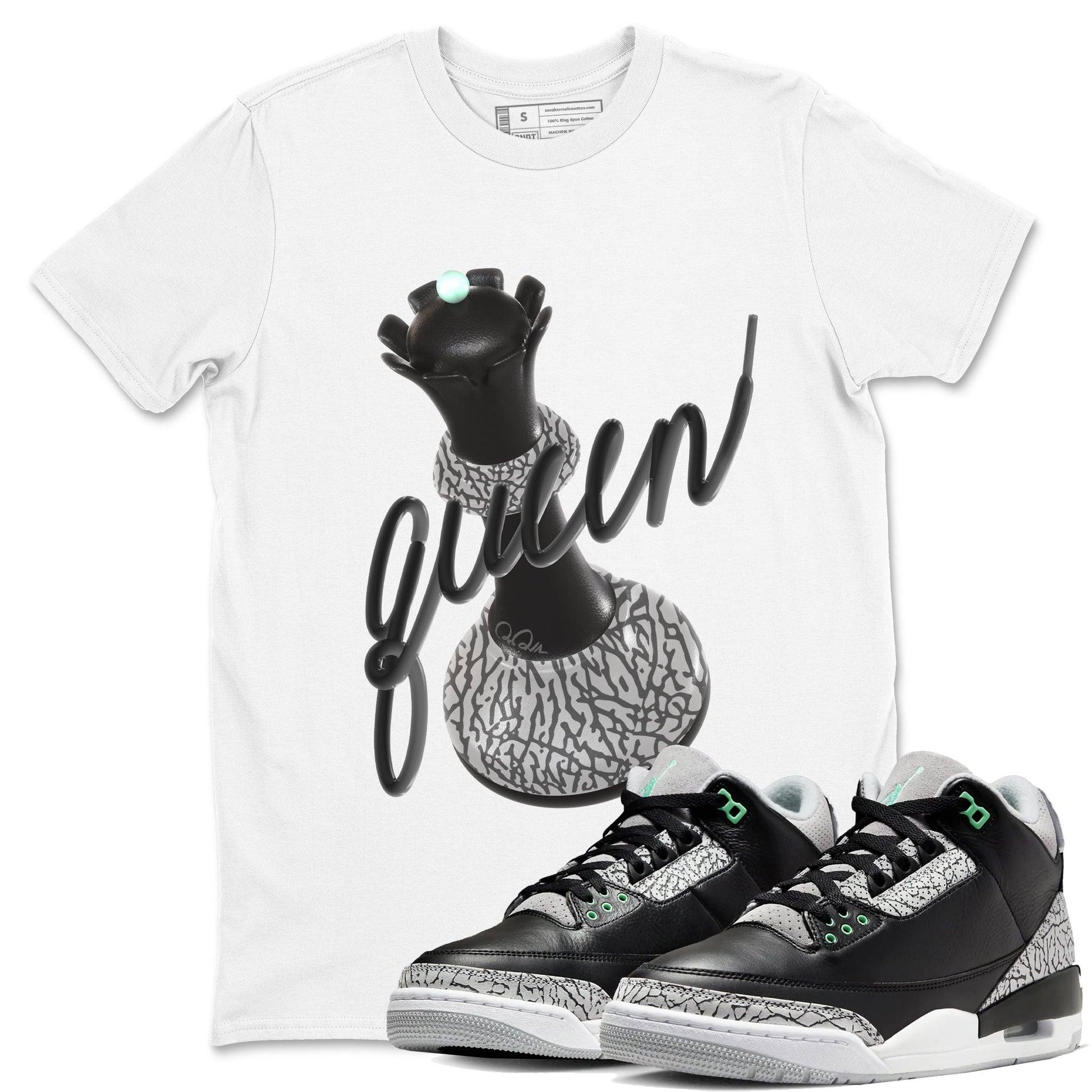 3s Green Glow shirt to match jordans 3D Queen sneaker tees Air Jordan 3 Green Glow SNRT Sneaker Release Tees unisex cotton White 1 crew neck shirt