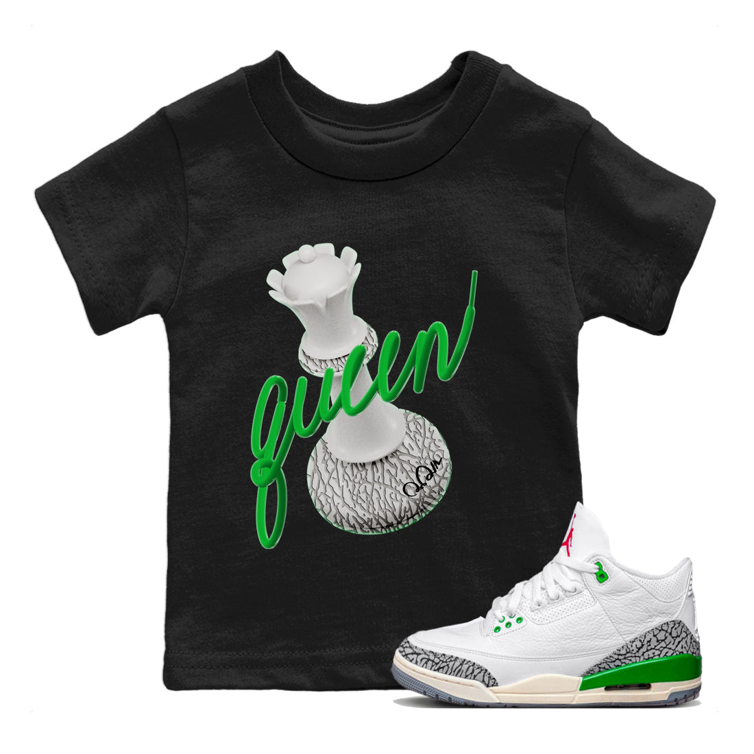 Air Jordan 3 Lucky Green Sneaker Match Tees 3D Queen Sneaker Tees AJ3 Lucky Green Sneaker Release Tees Kids Shirts Black 1