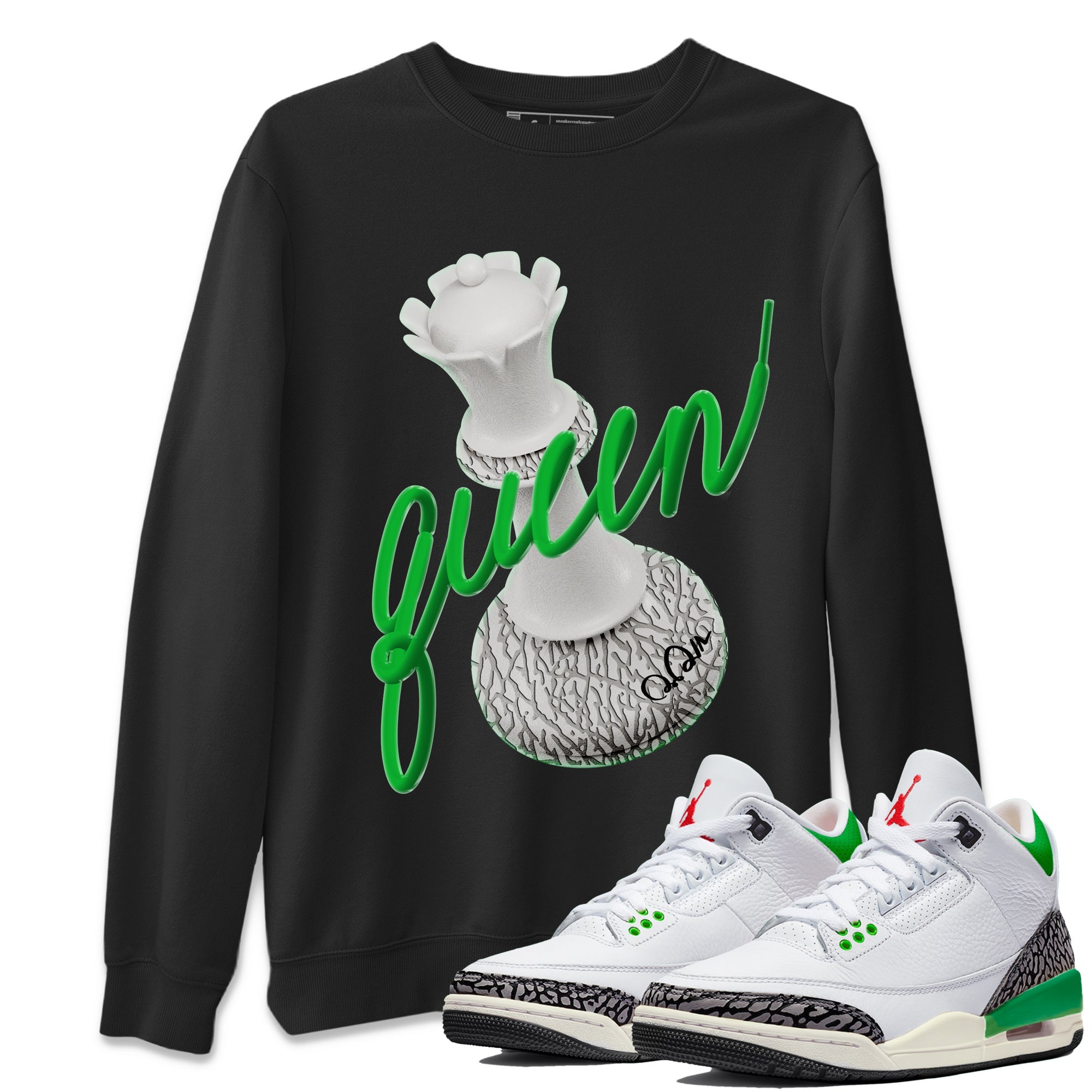 Air Jordan 3 Lucky Green Sneaker Match Tees 3D Queen Sneaker Tees AJ3 Lucky Green Sneaker Release Tees Unisex Shirts Black 1
