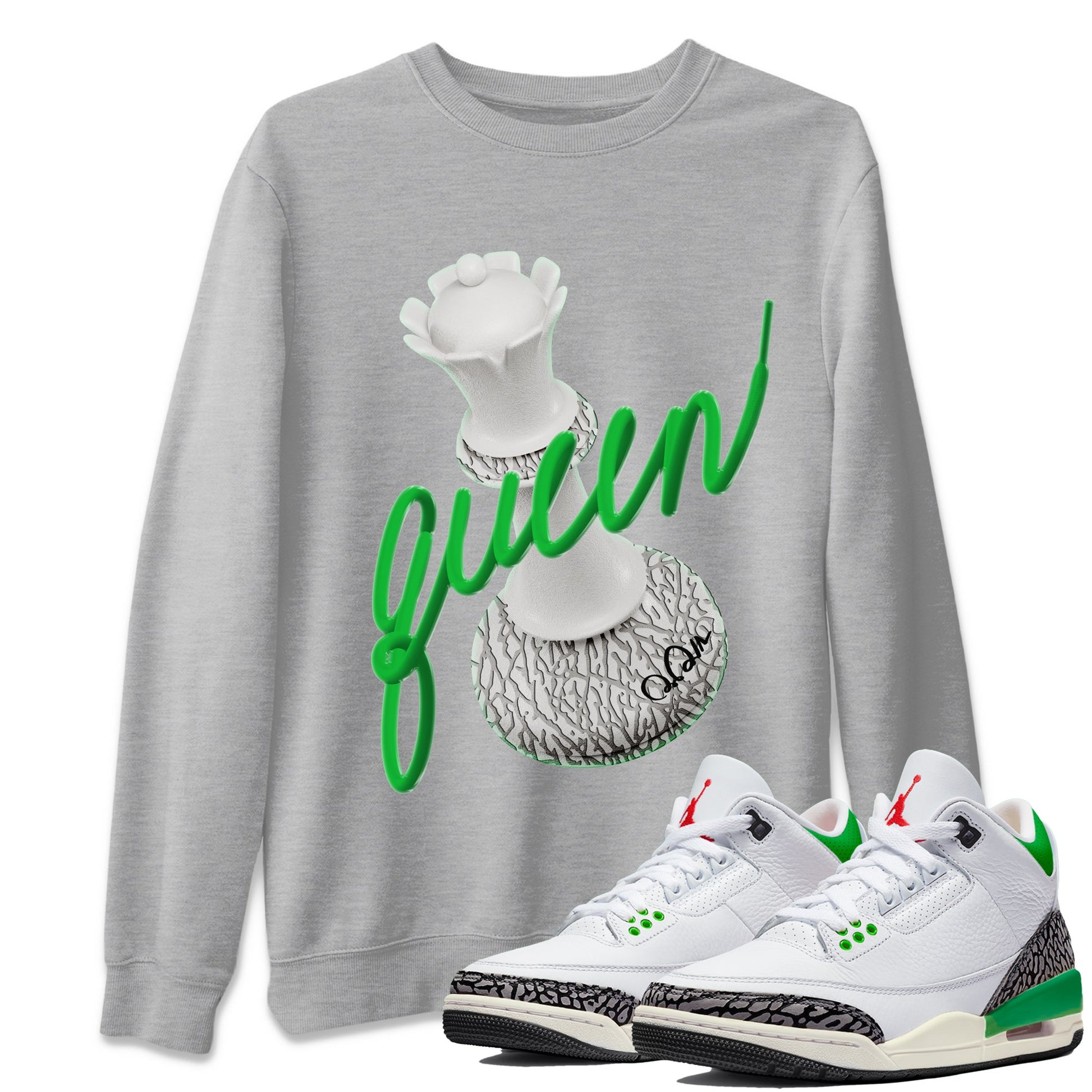 Air Jordan 3 Lucky Green Sneaker Match Tees 3D Queen Sneaker Tees AJ3 Lucky Green Sneaker Release Tees Unisex Shirts Heather Grey 1