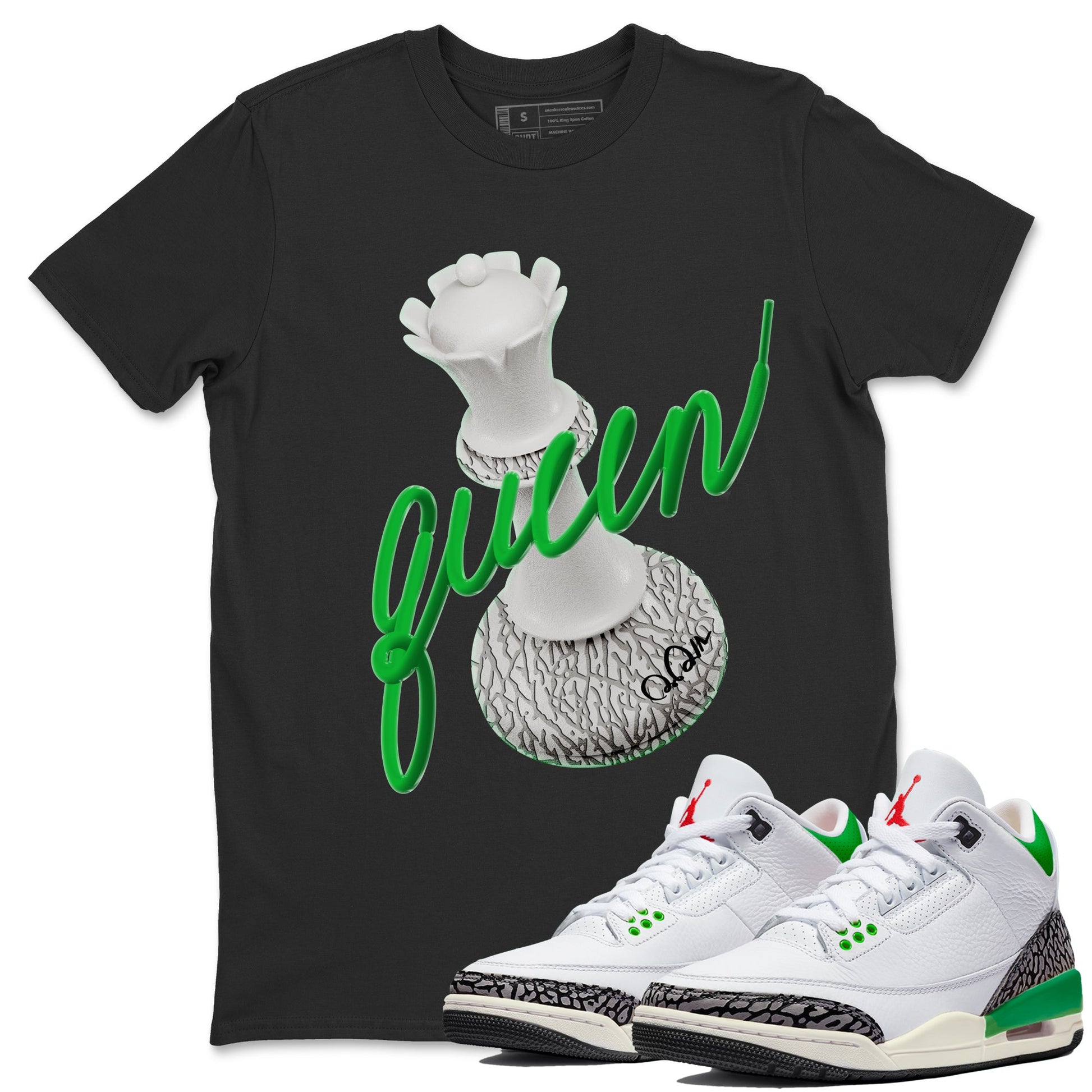 Air Jordan 3 Lucky Green Sneaker Match Tees 3D Queen Sneaker Tees AJ3 Lucky Green Sneaker Release Tees Unisex Shirts Black 1