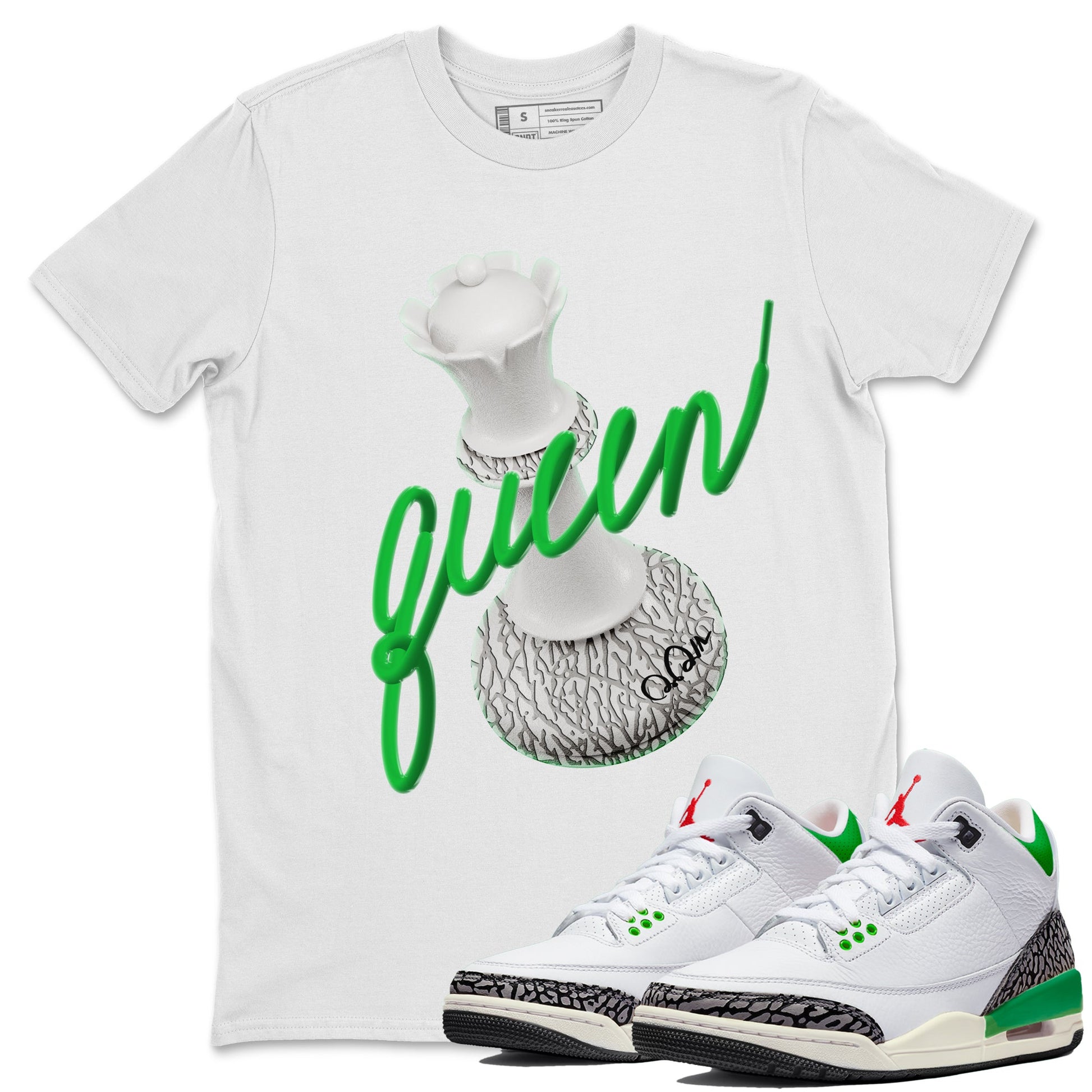 Air Jordan 3 Lucky Green Sneaker Match Tees 3D Queen Sneaker Tees AJ3 Lucky Green Sneaker Release Tees Unisex Shirts White 1