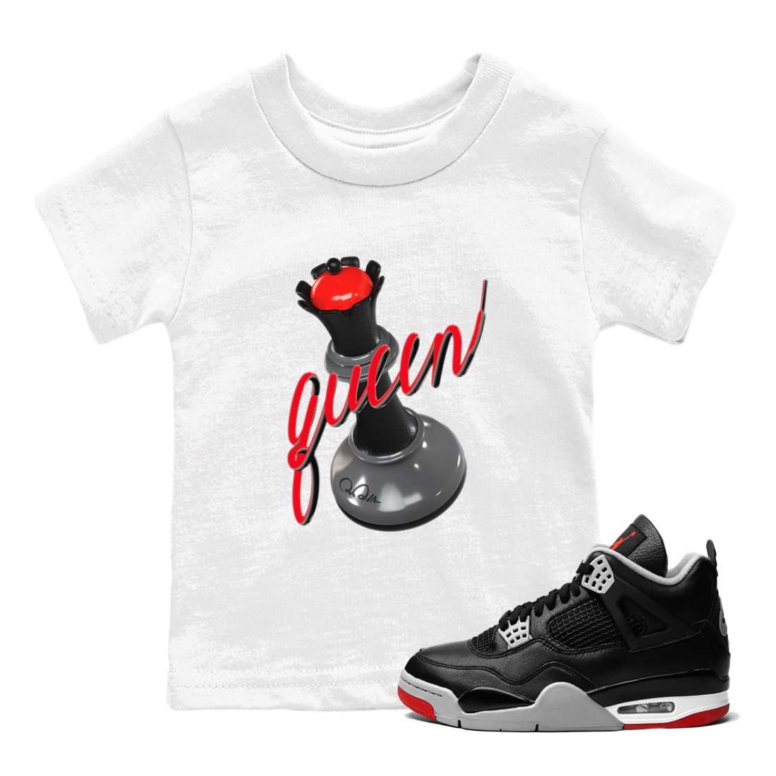 4s Bred Reimagined shirt to match jordans 3D Queen sneaker tees Air Jordan 4 Bred Reimagined SNRT Sneaker Release Tees Baby Toddler White 1 T-Shirt