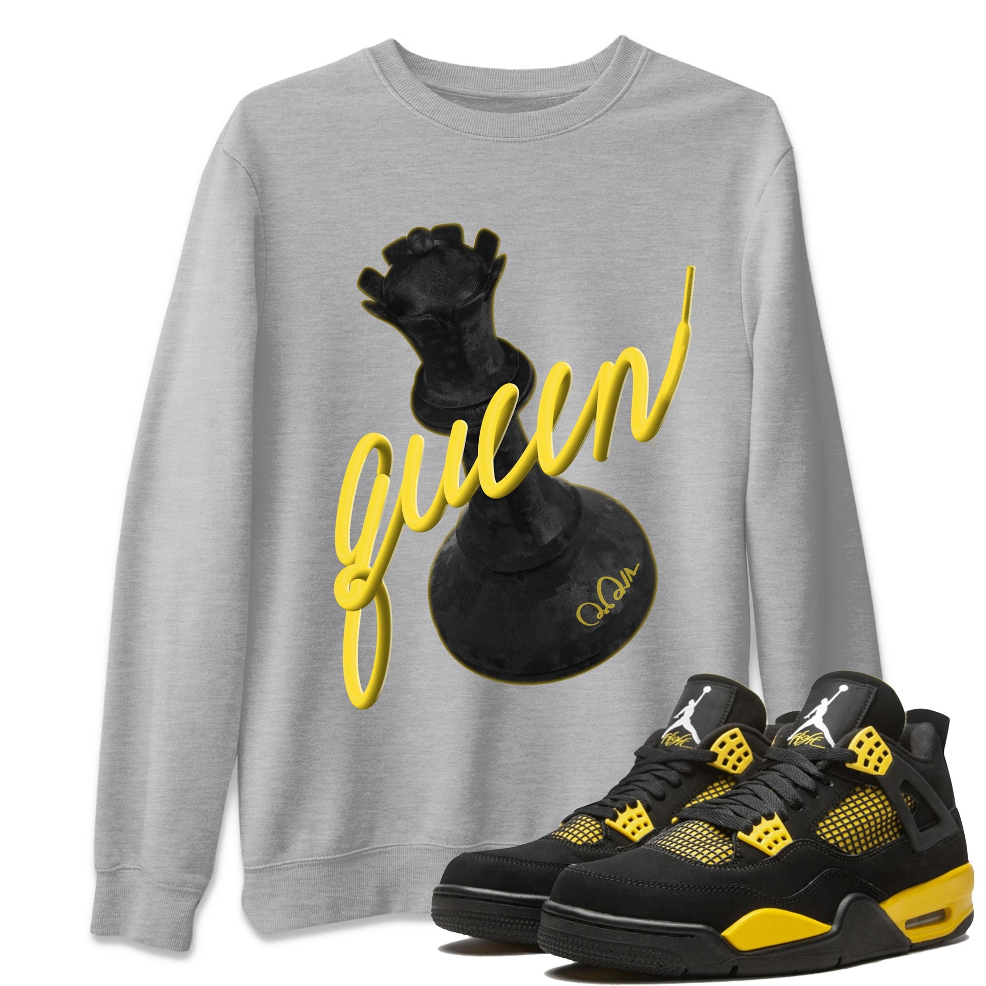 Air Jordan 4 Thunder Sneaker Match Tees 3D Queen Sneaker Tees AJ4 Thunder Jumpman Sneaker Release Tees Unisex Shirts Heather Grey 1