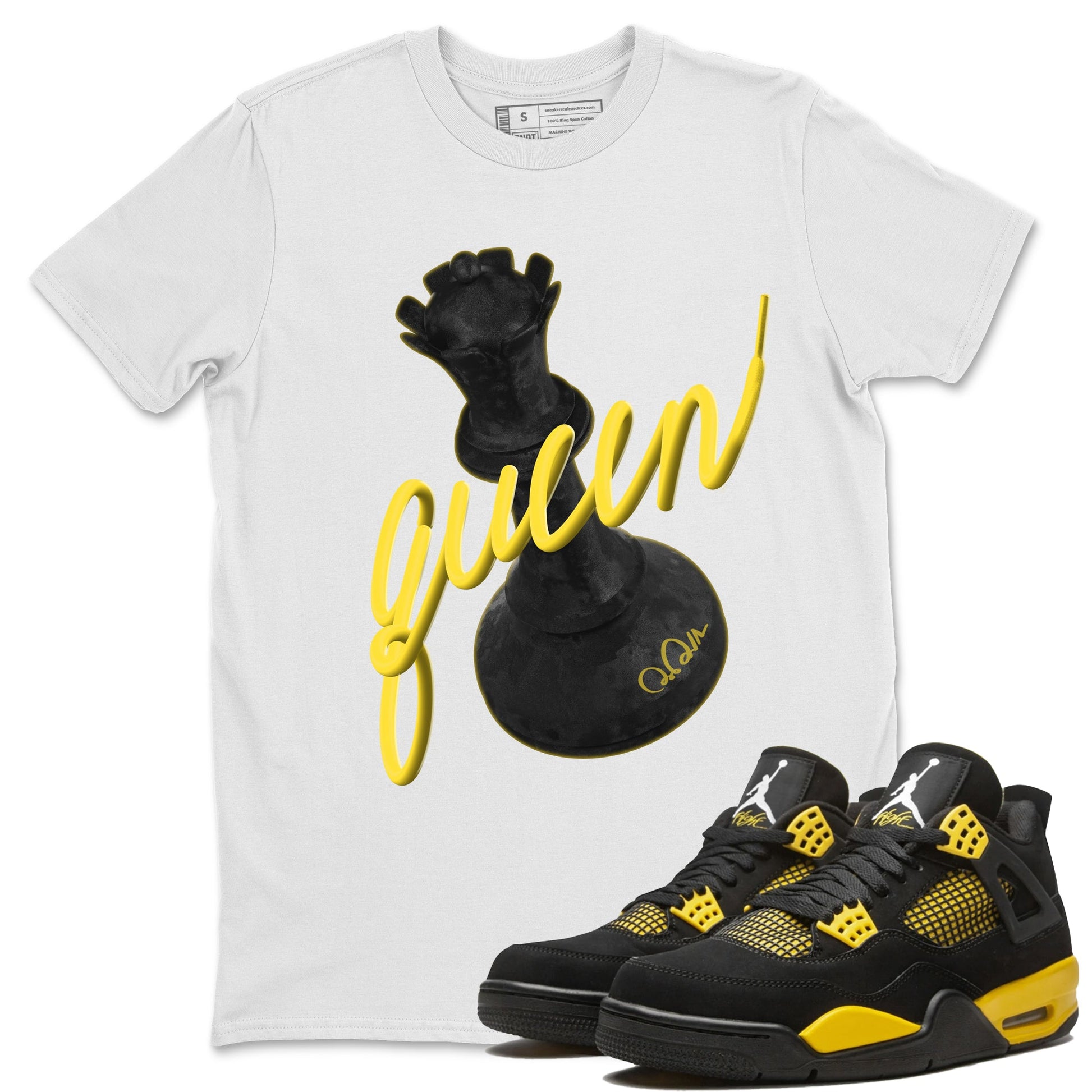 Air Jordan 4 Thunder Sneaker Match Tees 3D Queen Sneaker Tees AJ4 Thunder Jumpman Sneaker Release Tees Unisex Shirts White 1