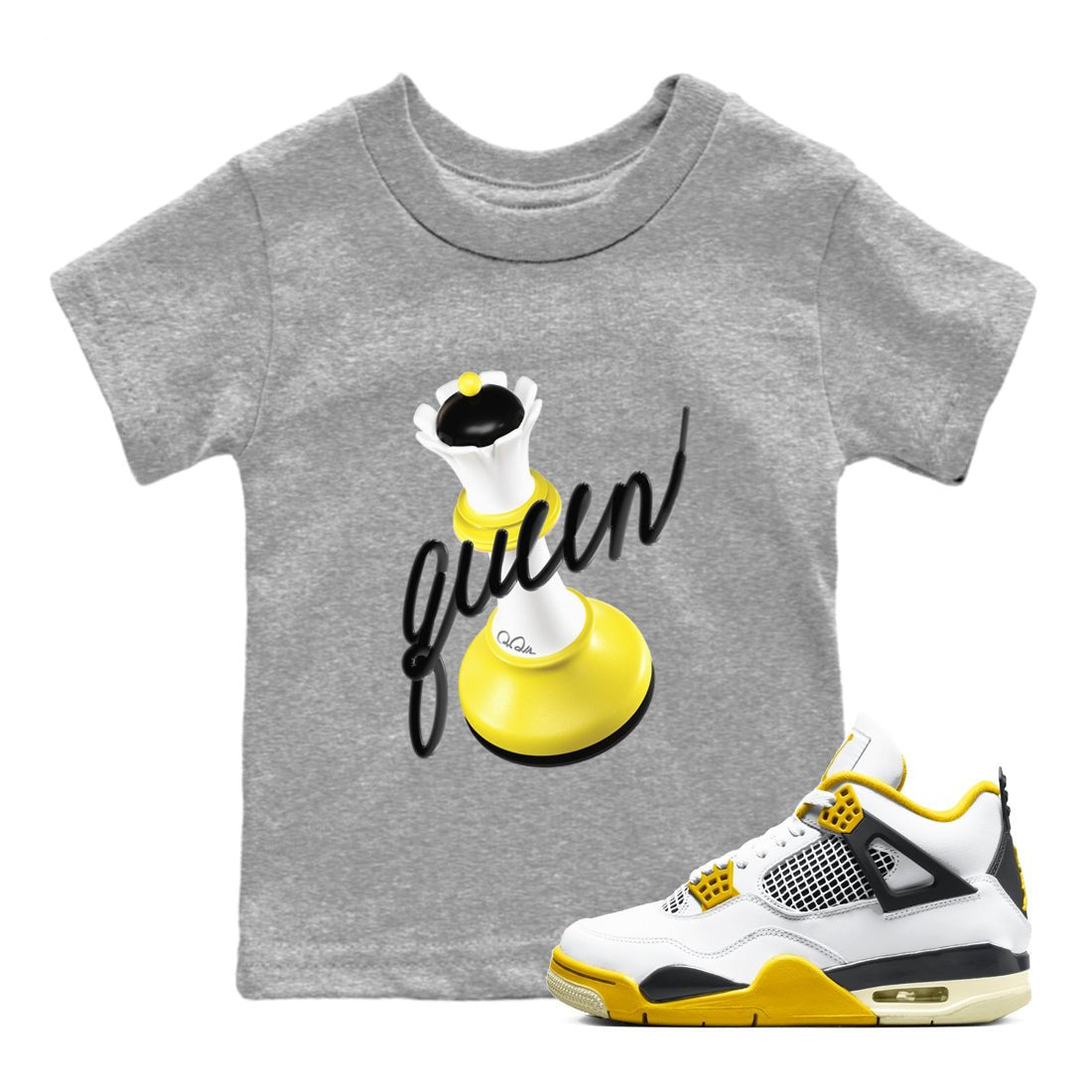 AJ4 Vivid Sulfur shirt to match jordans 3D Queen sneaker tees Air Jordan 4 Vivid Sulfur SNRT sneaker release tees baby toddler Heather Grey 1 cotton Shirt