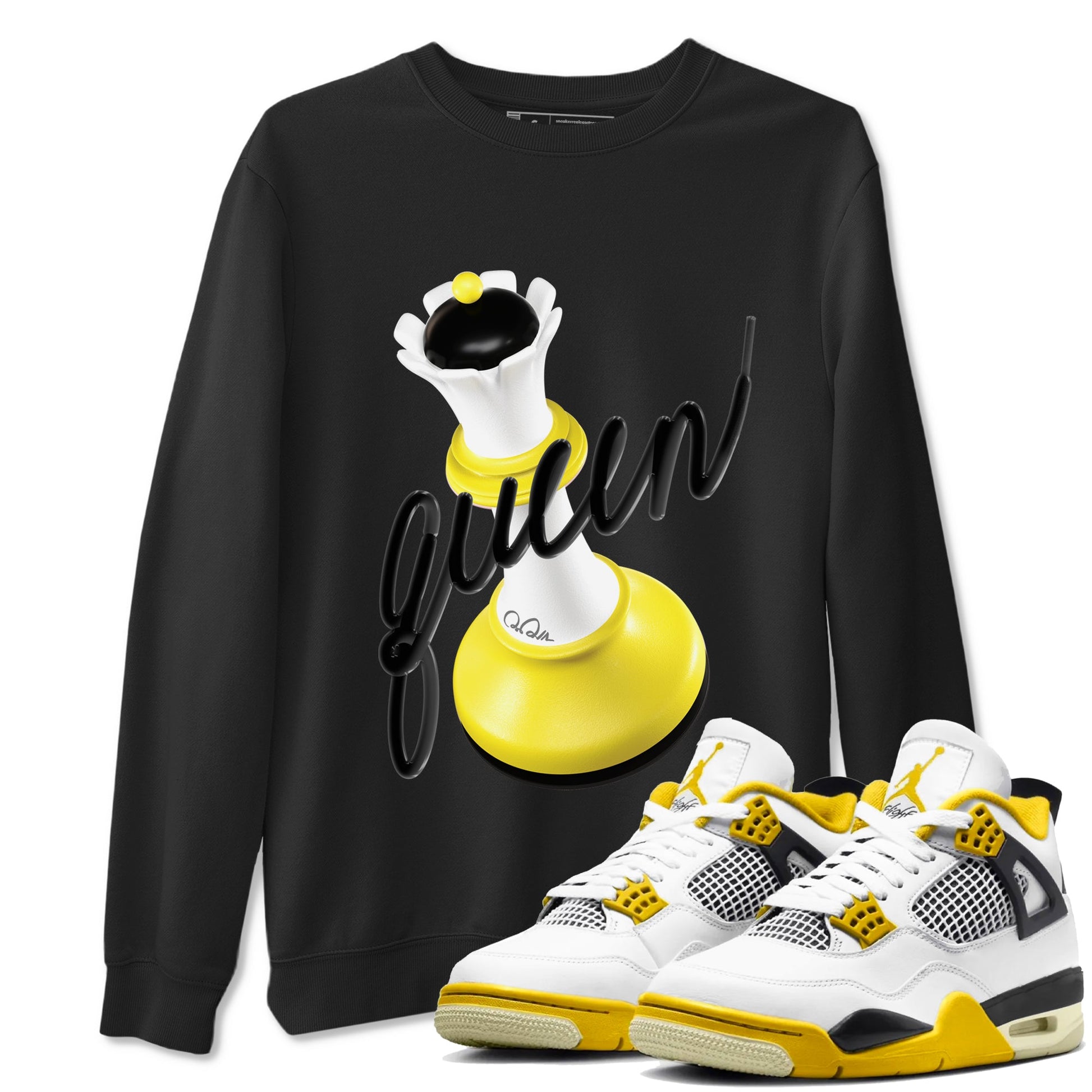 AJ4 Vivid Sulfur shirt to match jordans 3D Queen sneaker tees Air Jordan 4 Vivid Sulfur SNRT Sneaker Release Tees unisex cotton Black 1 crew neck shirt