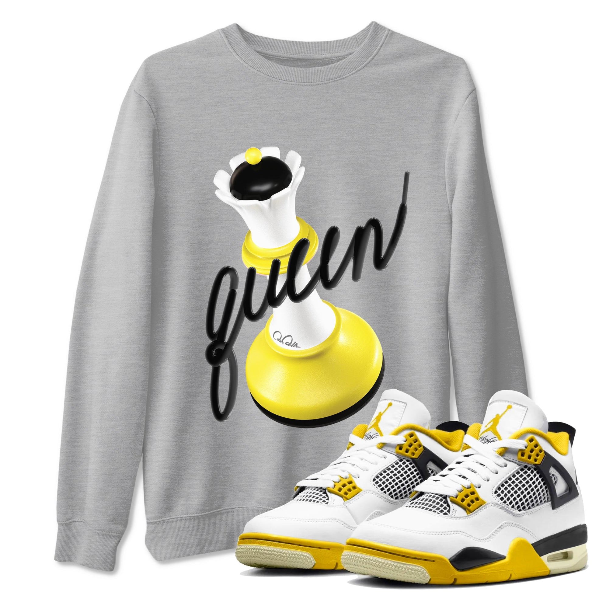 AJ4 Vivid Sulfur shirt to match jordans 3D Queen sneaker tees Air Jordan 4 Vivid Sulfur SNRT Sneaker Release Tees unisex cotton Heather Grey 1 crew neck shirt