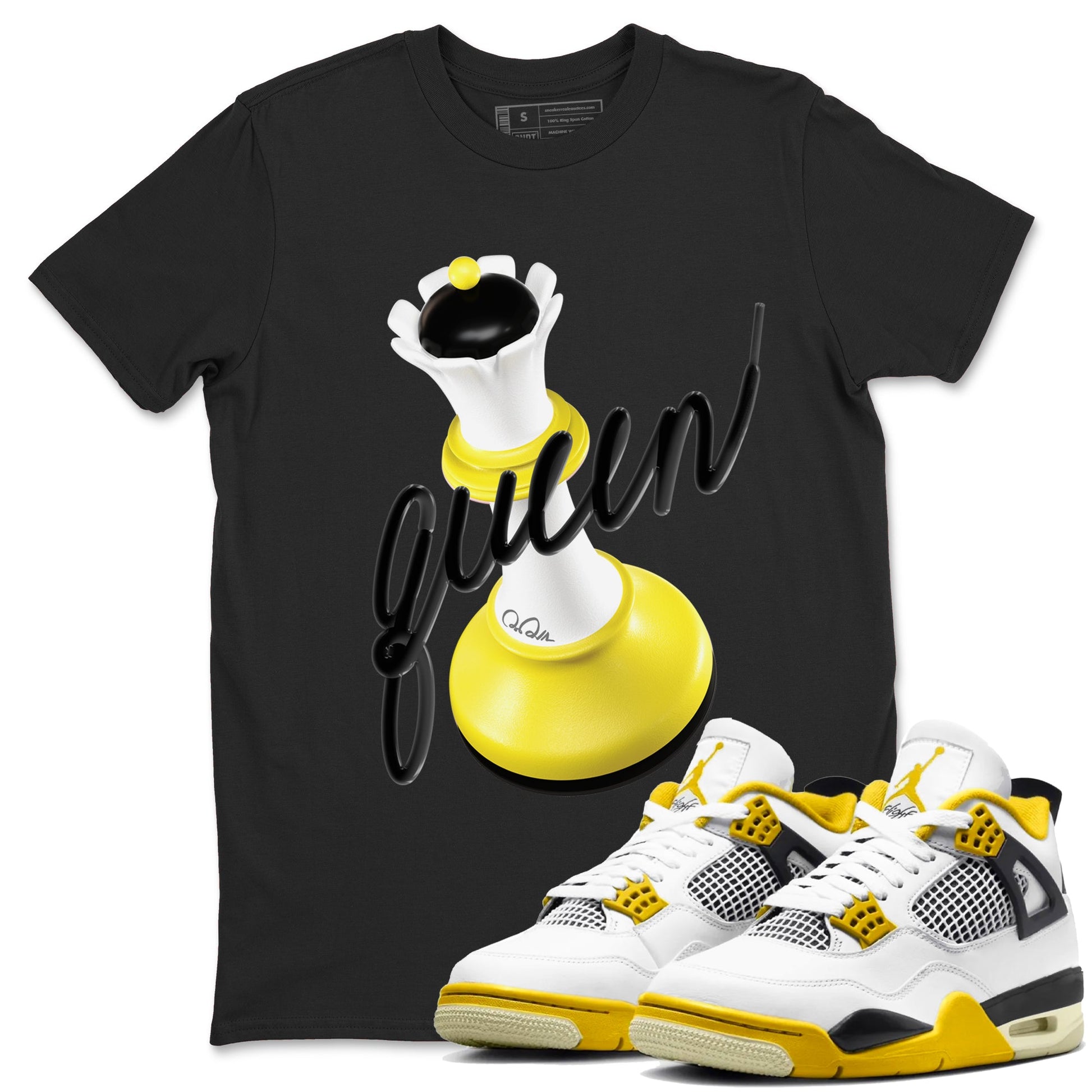 AJ4 Vivid Sulfur shirt to match jordans 3D Queen sneaker tees Air Jordan 4 Vivid Sulfur SNRT Sneaker Release Tees unisex cotton Black 1 crew neck shirt