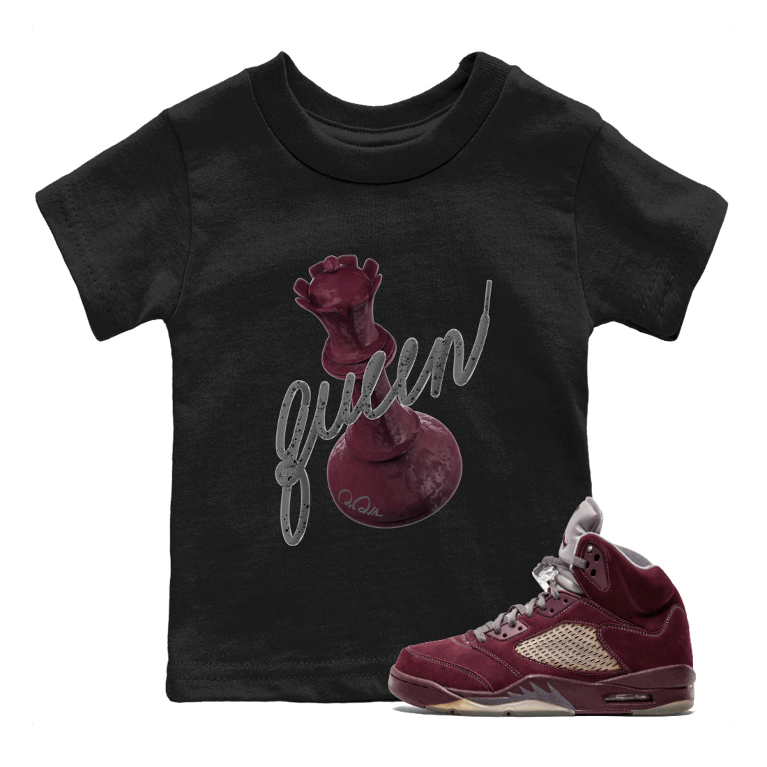 Air Jordan 5 Burgundy Sneaker Match Tees 3D Queen Sneaker Tees Air Jordan 5 Burgundy Sneaker Release Tees Kids Shirts Black 1