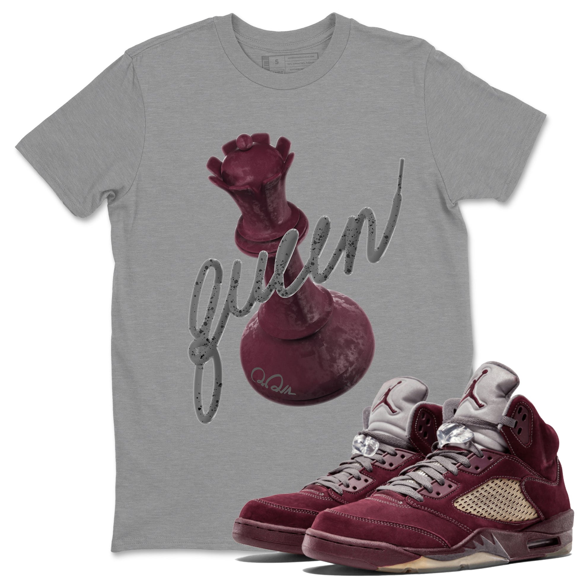 Air Jordan 5 Burgundy Sneaker Match Tees 3D Queen Sneaker Tees Air Jordan 5 Burgundy Sneaker Release Tees Unisex Shirts Heather Grey 1