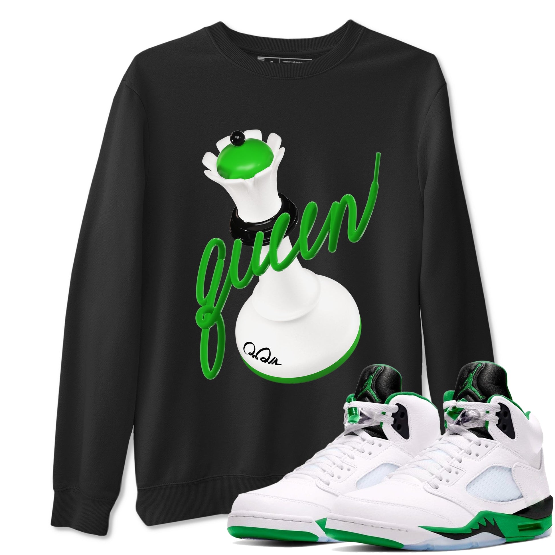 Air Jordan 5 Lucky Green shirt to match jordans 3D Queen sneaker tees AJ5 Lucky Green SNRT Sneaker Release Tees unisex cotton Black 1 crew neck shirt