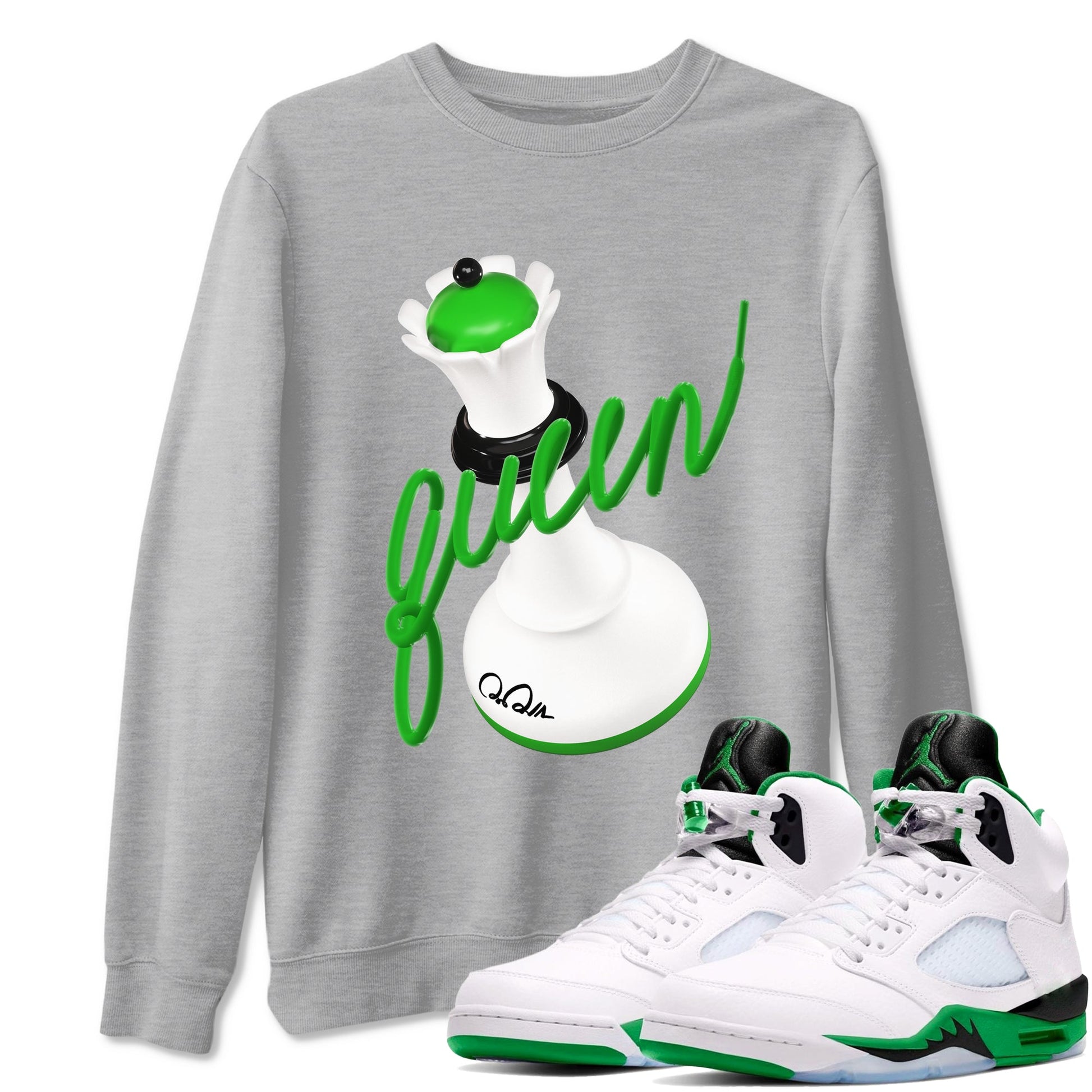 Air Jordan 5 Lucky Green shirt to match jordans 3D Queen sneaker tees AJ5 Lucky Green SNRT Sneaker Release Tees unisex cotton Heather Grey 1 crew neck shirt