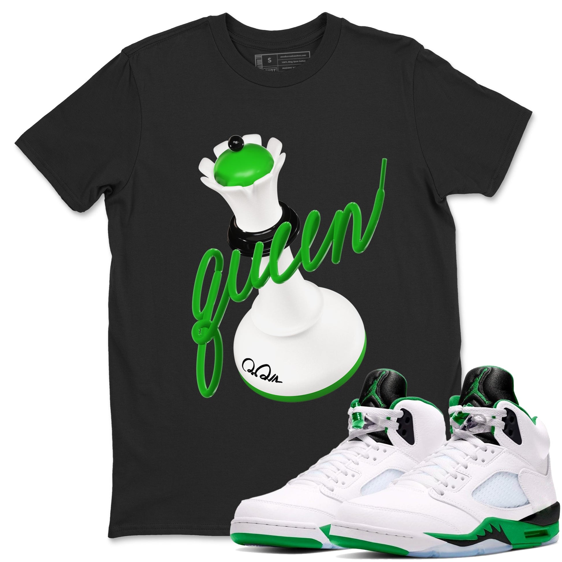 Air Jordan 5 Lucky Green shirt to match jordans 3D Queen sneaker tees AJ5 Lucky Green SNRT Sneaker Release Tees unisex cotton Black 1 crew neck shirt