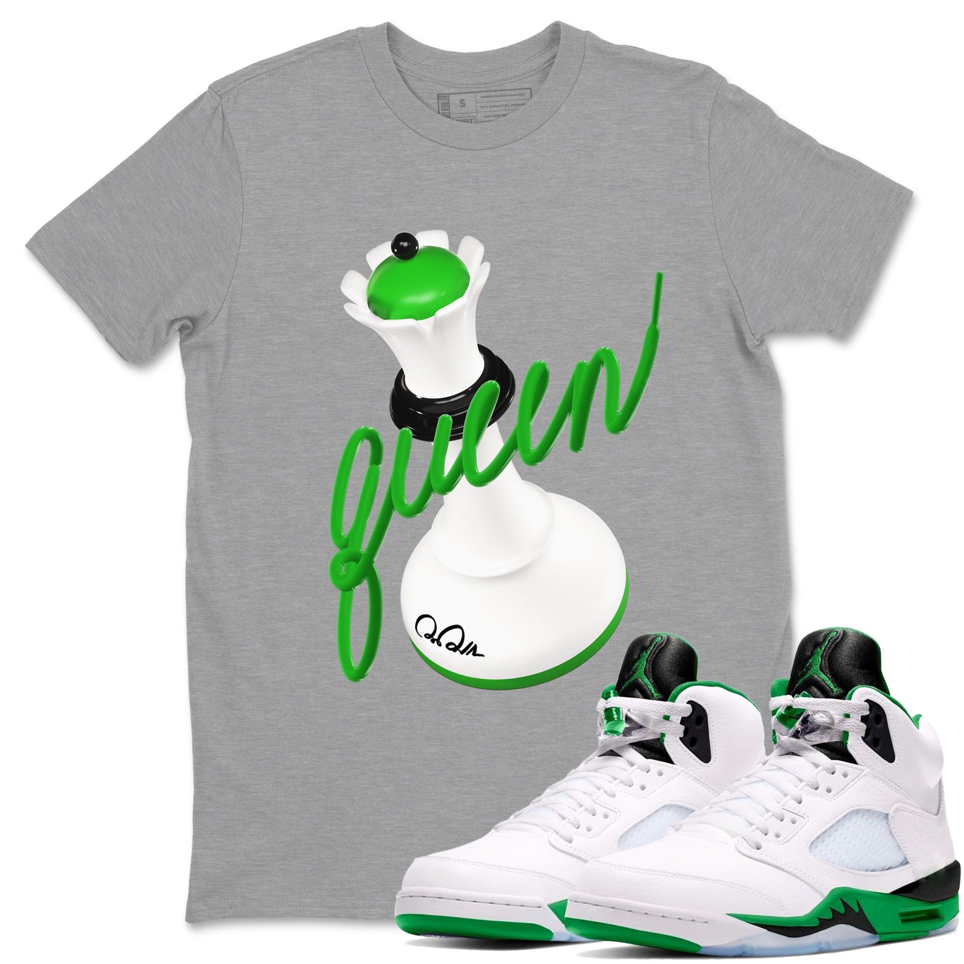 Air Jordan 5 Lucky Green shirt to match jordans 3D Queen sneaker tees AJ5 Lucky Green SNRT Sneaker Release Tees unisex cotton Heather Grey 1 crew neck shirt