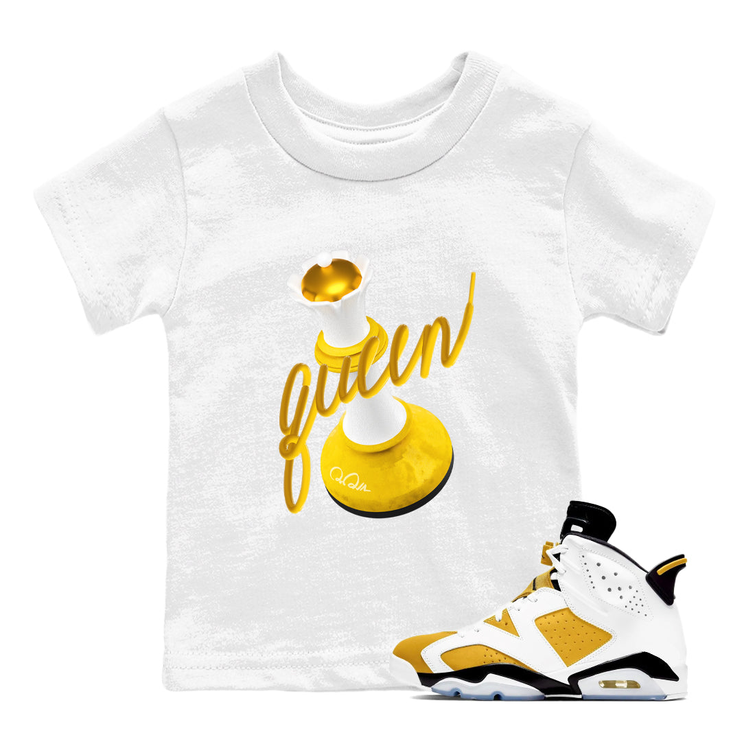 6s Yellow Ochre shirt to match jordans 3D Queen sneaker tees Air Jordan 6 Yellow Ochre SNRT Sneaker Release Tees Baby Toddler White 1 T-Shirt