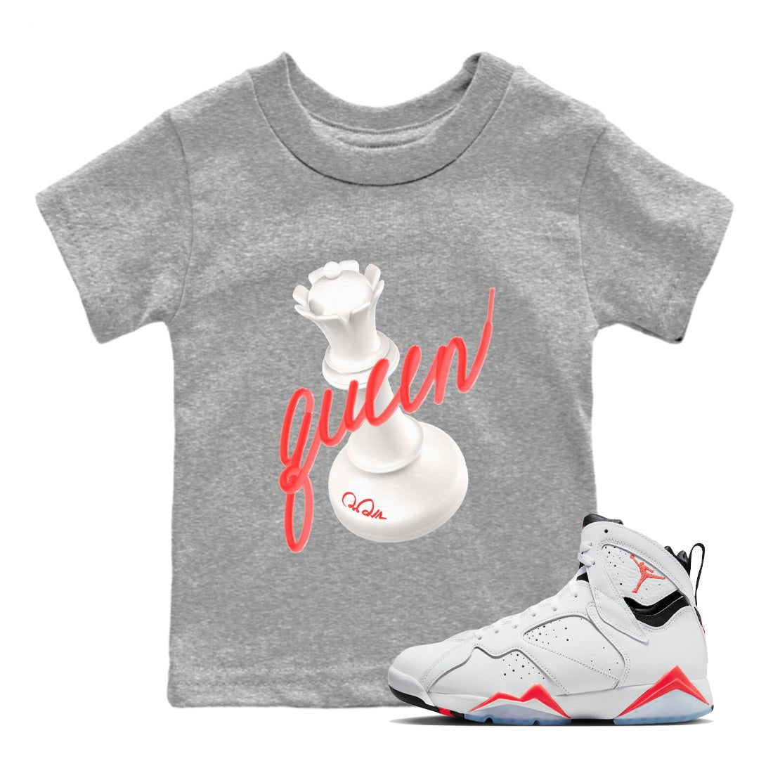 Air Jordan 7 Infrared Sneaker Match Tees 3D Queen Sneaker Tees AJ7 Infrared Sneaker Release Tees Kids Shirts Heather Grey 1