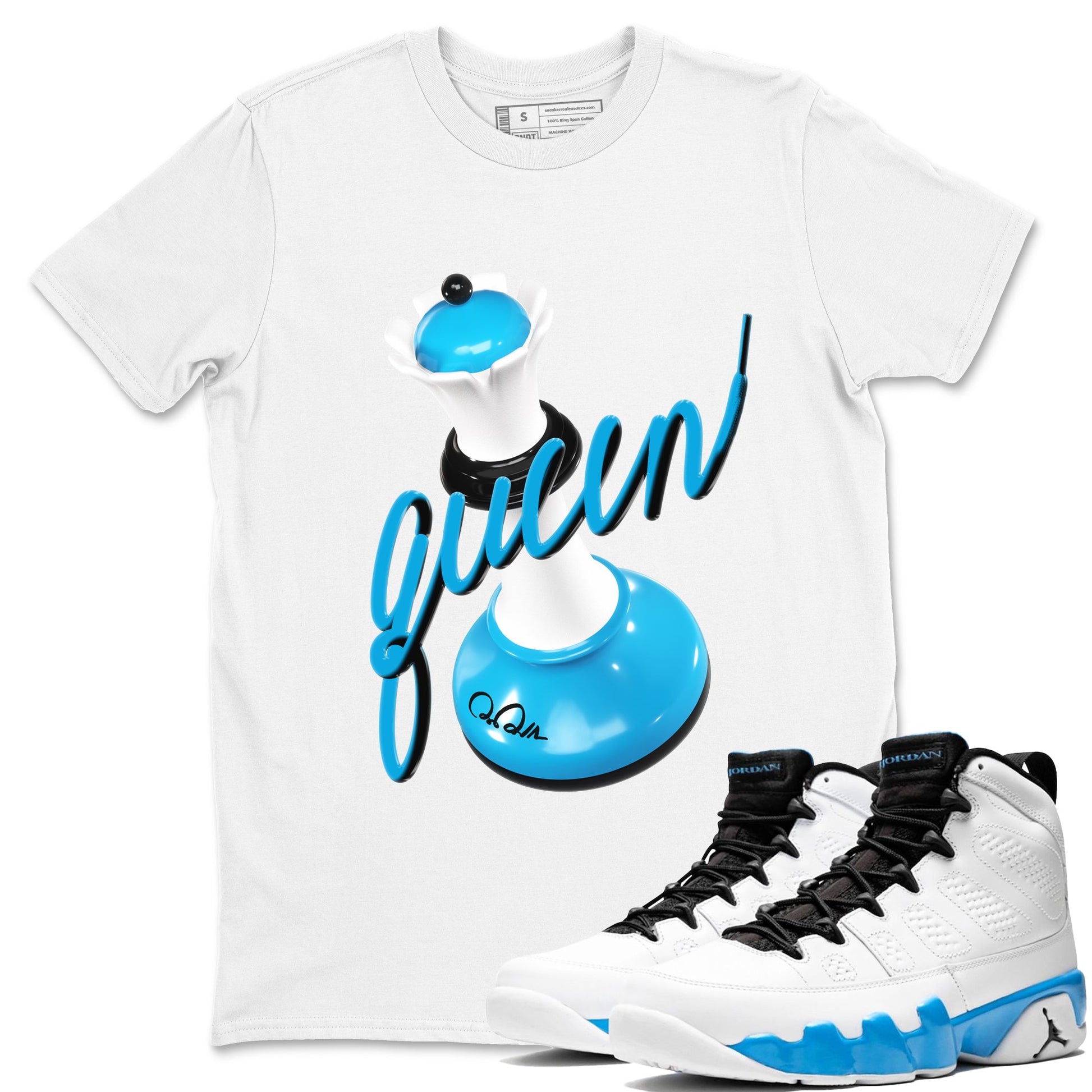 9s Powder Blue shirt to match jordans 3D Queen sneaker tees Air Jordan 9 Powder Blue SNRT Sneaker Release Tees unisex cotton White 1 crew neck shirt