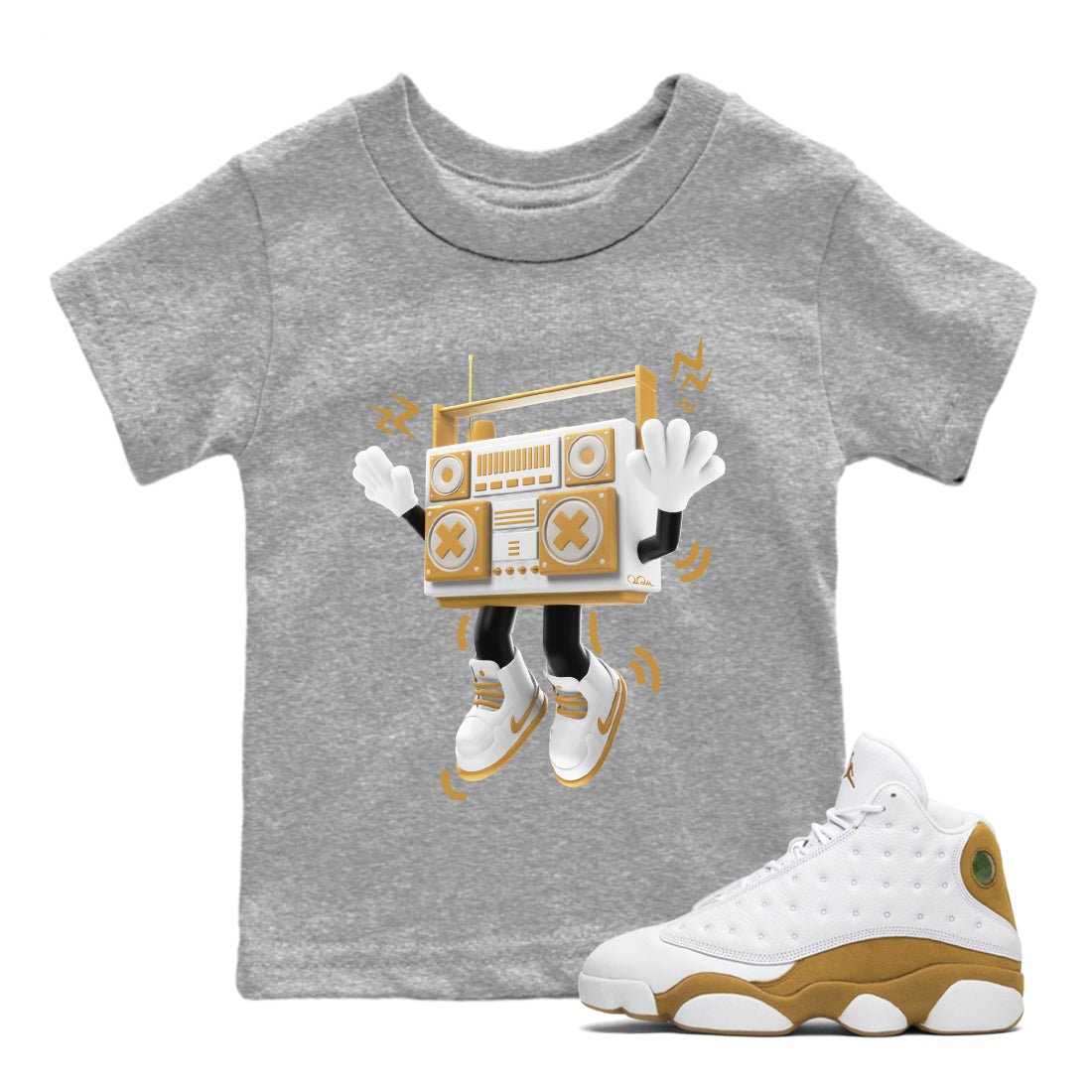 Air Jordan 13 Wheat Sneaker Match Tees 90s Radio Boy Sneaker Tees AJ13 Wheat Sneaker Release Tees Kids Shirts Heather Grey 1