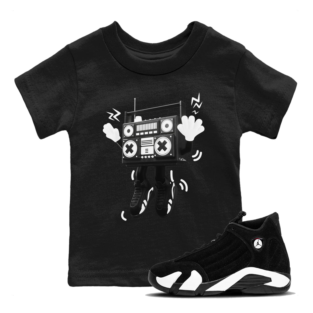 14s Panda shirt to match jordans 90s Radio Boy sneaker tees Air Jordan 14 Panda SNRT Sneaker Release Tees Baby Toddler Black 1 T-Shirt