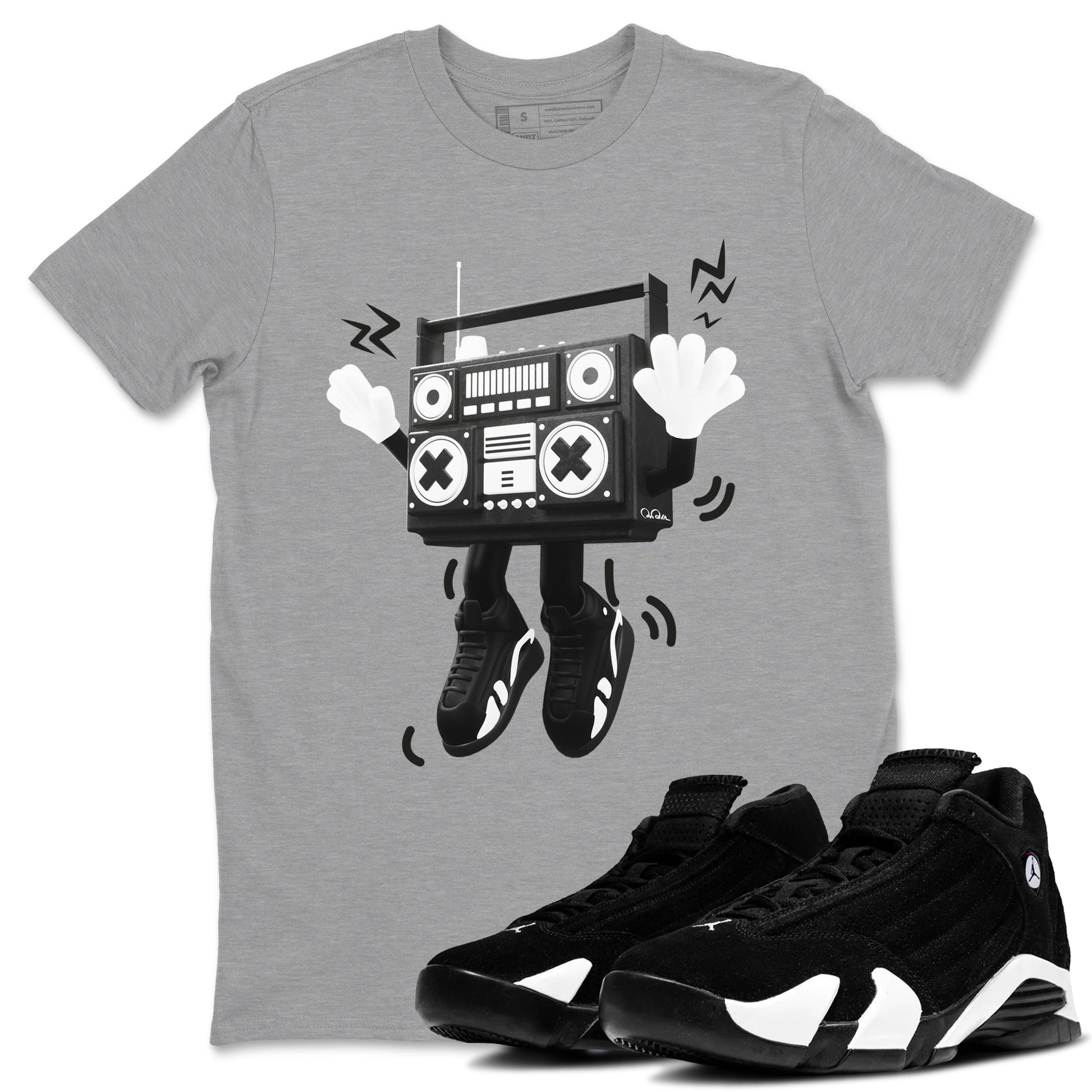 14s Panda shirt to match jordans 90s Radio Boy sneaker tees Air Jordan 14 Panda SNRT Sneaker Release Tees Unisex Heather Grey 1 T-Shirt