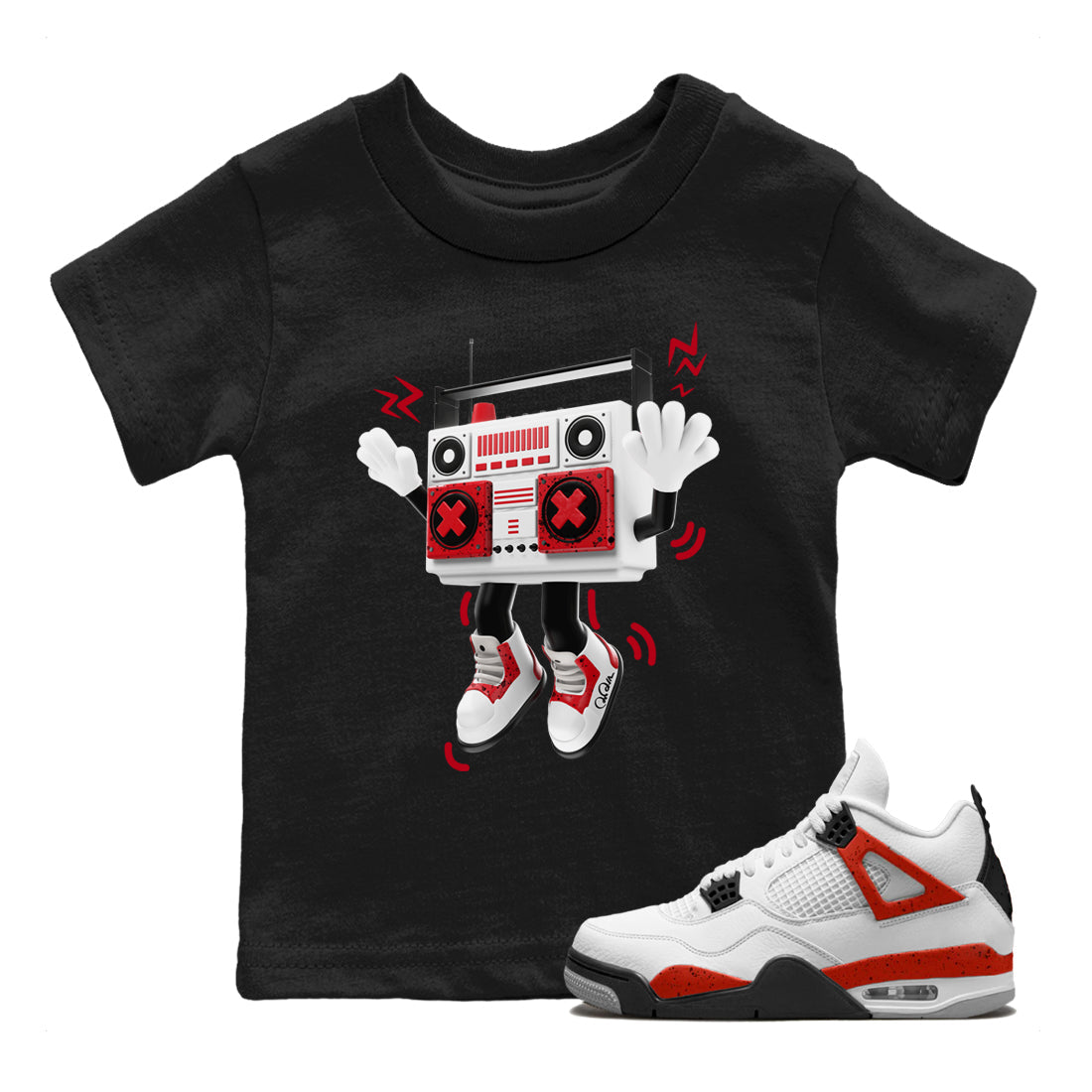 Air Jordan 4 Red Cement Sneaker Match Tees 90s Radio Boy Sneaker Tees AJ4 Retro OG Red Cement Sneaker Release Tees Kids Shirts Black 1