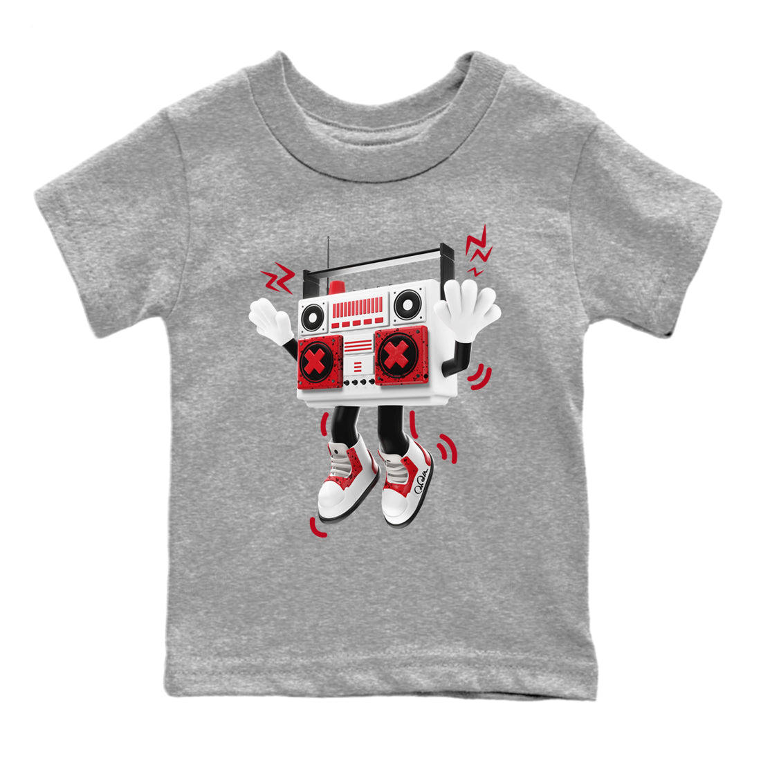 Air Jordan 4 Red Cement Sneaker Match Tees 90s Radio Boy Sneaker Tees AJ4 Retro OG Red Cement Sneaker Release Tees Kids Shirts Heather Grey 2