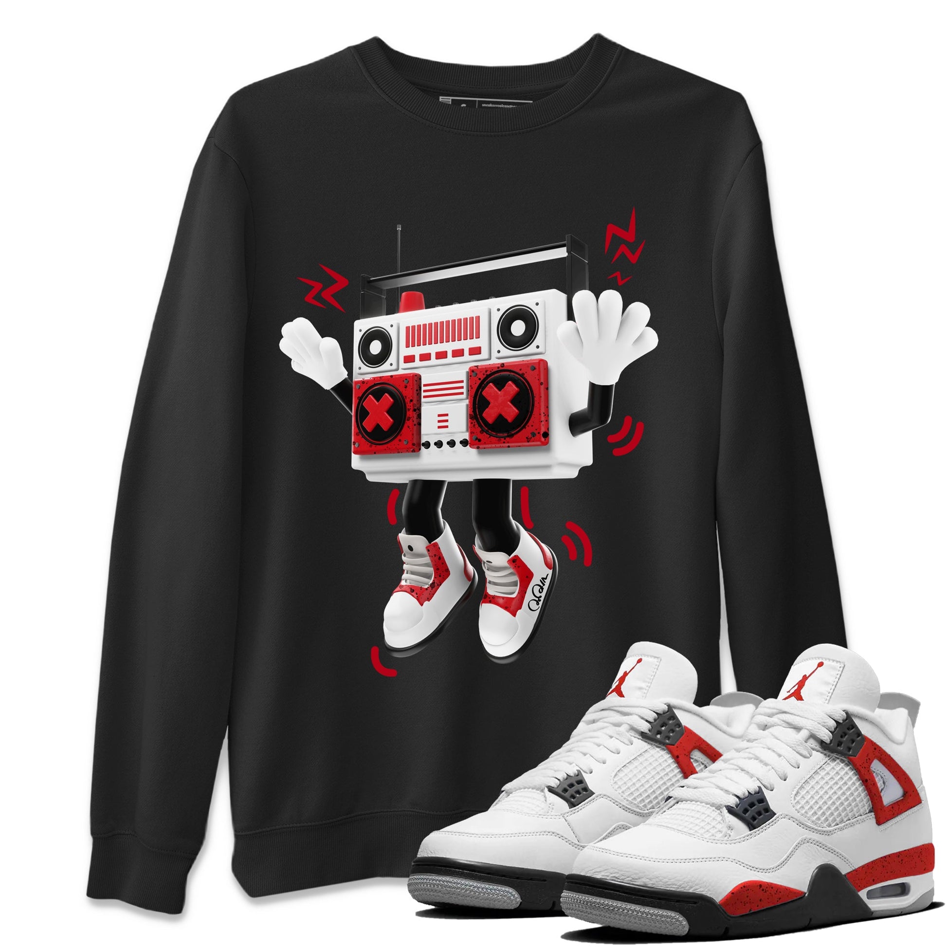 Air Jordan 4 Red Cement Sneaker Match Tees 90s Radio Boy Sneaker Tees AJ4 Retro OG Red Cement Sneaker Release Tees Unisex Shirts Black 1