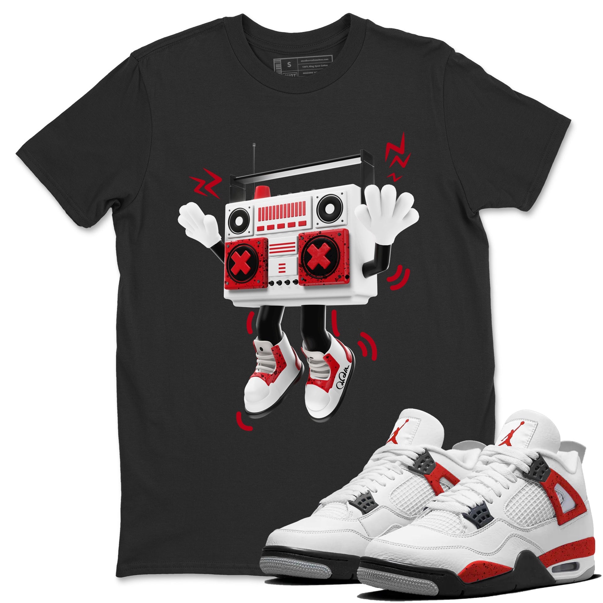 Air Jordan 4 Red Cement Sneaker Match Tees 90s Radio Boy Sneaker Tees AJ4 Retro OG Red Cement Sneaker Release Tees Unisex Shirts Black 1