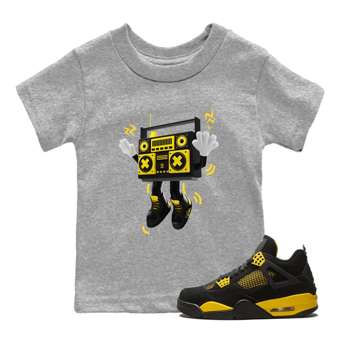 Air Jordan 4 Thunder Sneaker Match Tees 90s Radio Boy Sneaker Tees AJ4 Thunder Jumpman Sneaker Release Tees Kids Shirts Heather Grey 1