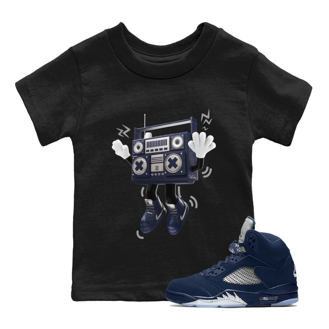 Air Jordan 5 Georgetown Sneaker Match Tees 90s Radio Boy Sneaker Tees AJ5 Georgetown Sneaker Release Tees Kids Shirts Black 1