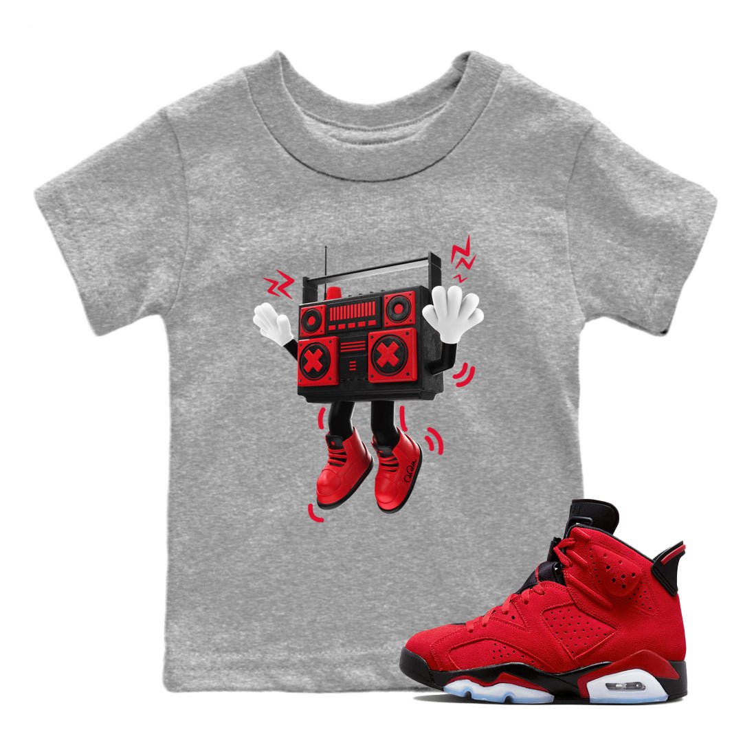 Air Jordan 6 Toro Bravo Sneaker Match Tees 90s Radio Boy Sneaker Tees 3D Graphic Design Shirts AJ6 Toro Bravo Sneaker Release Tees Kids Shirts Heather Grey 1