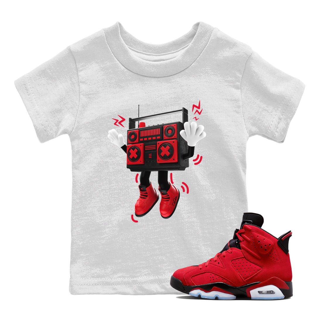 Air Jordan 6 Toro Bravo Sneaker Match Tees 90s Radio Boy Sneaker Tees 3D Graphic Design Shirts AJ6 Toro Bravo Sneaker Release Tees Kids Shirts White 1