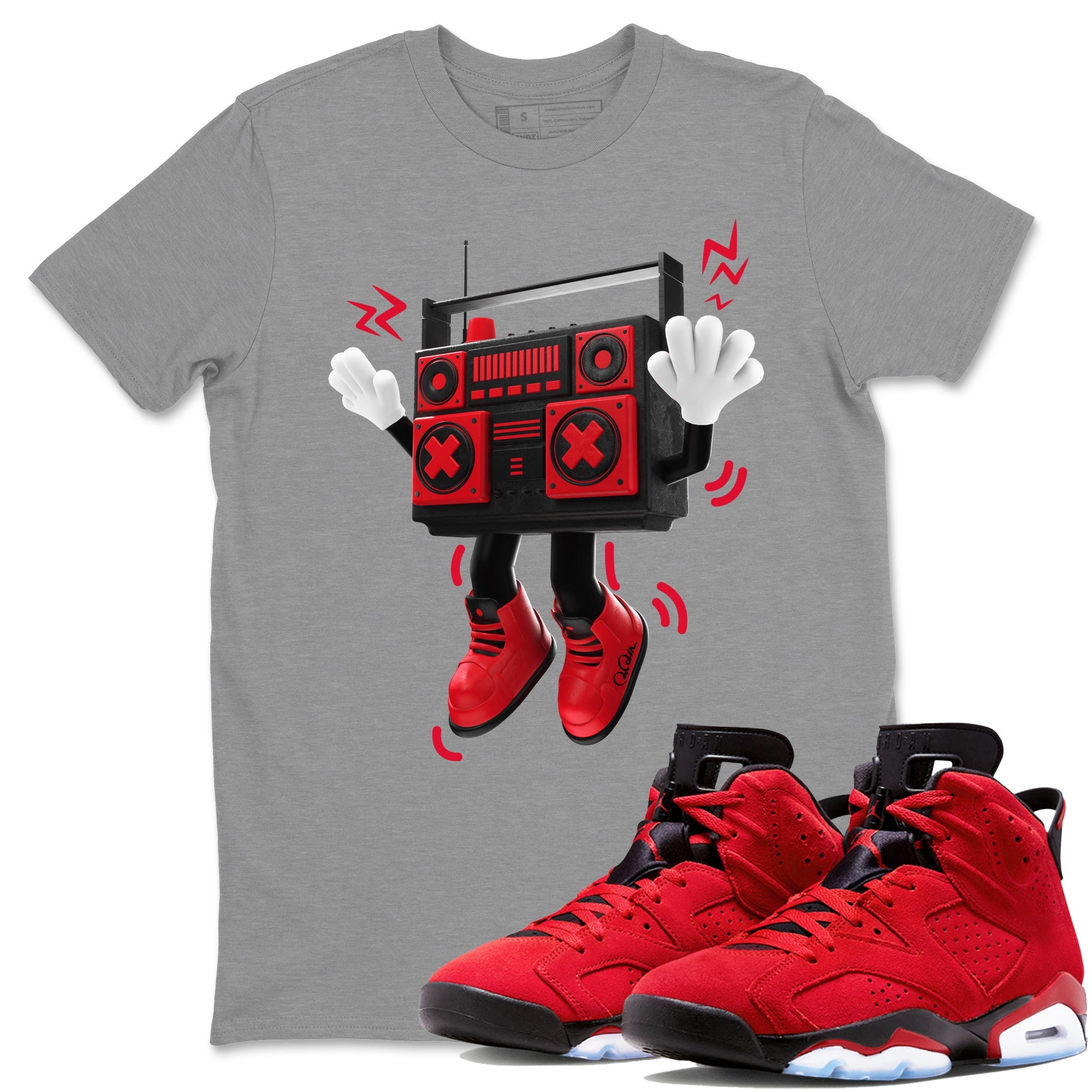 Air Jordan 6 Toro Bravo Sneaker Match Tees 90s Radio Boy Sneaker Tees 3D Graphic Design Shirts AJ6 Toro Bravo Sneaker Release Tees Unisex Shirts Heather Grey 1