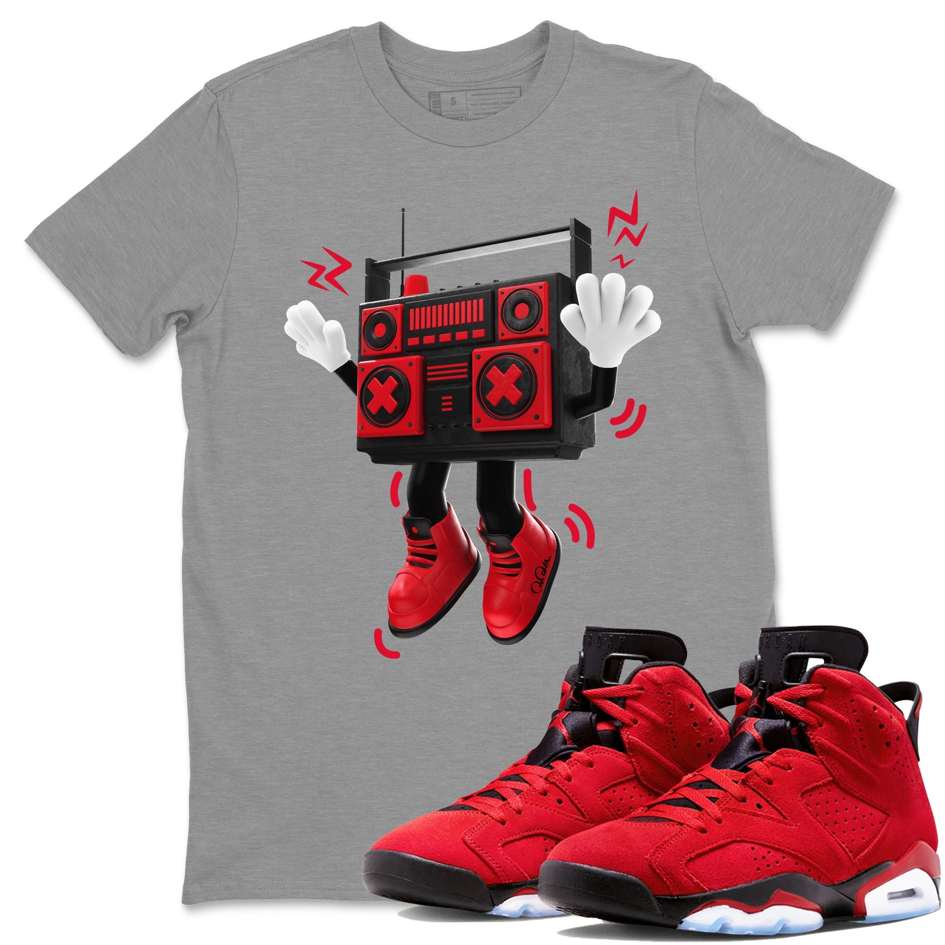 Air Jordan 6 Toro Bravo Sneaker Match Tees 90s Radio Boy Sneaker Tees 3D Graphic Design Shirts AJ6 Toro Bravo Sneaker Release Tees Unisex Shirts Heather Grey 1
