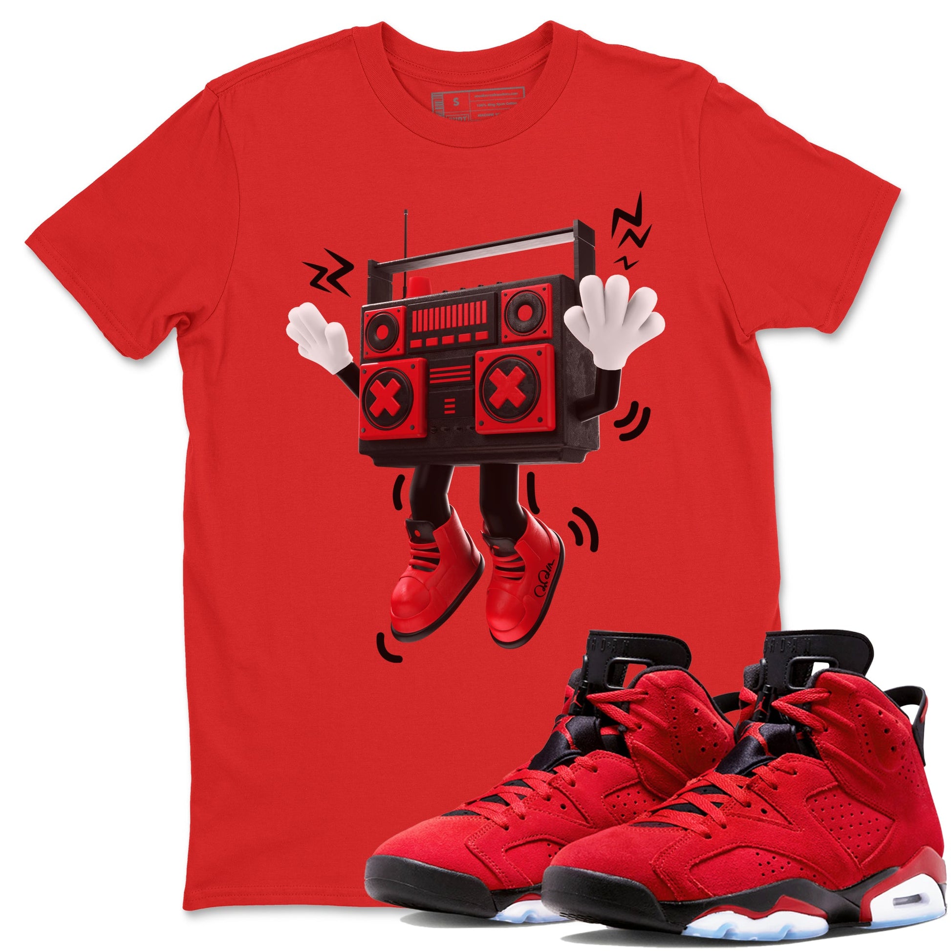 Air Jordan 6 Toro Bravo Sneaker Match Tees 90s Radio Boy Sneaker Tees 3D Graphic Design Shirts AJ6 Toro Bravo Sneaker Release Tees Unisex Shirts Red 1