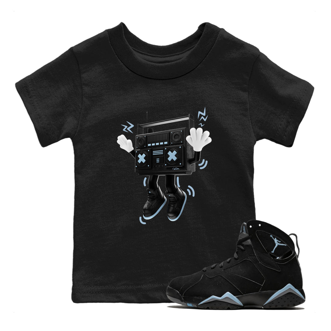 Air Jordan 7 Chambray Sneaker Match Tees 90s Radio Boy Sneaker Tees AJ7 Chambray Sneaker Release Tees Kids Shirts Black 1