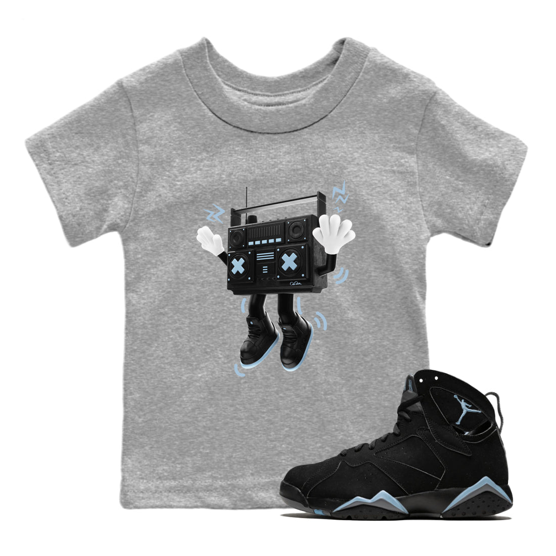Air Jordan 7 Chambray Sneaker Match Tees 90s Radio Boy Sneaker Tees AJ7 Chambray Sneaker Release Tees Kids Shirts Heather Grey 1