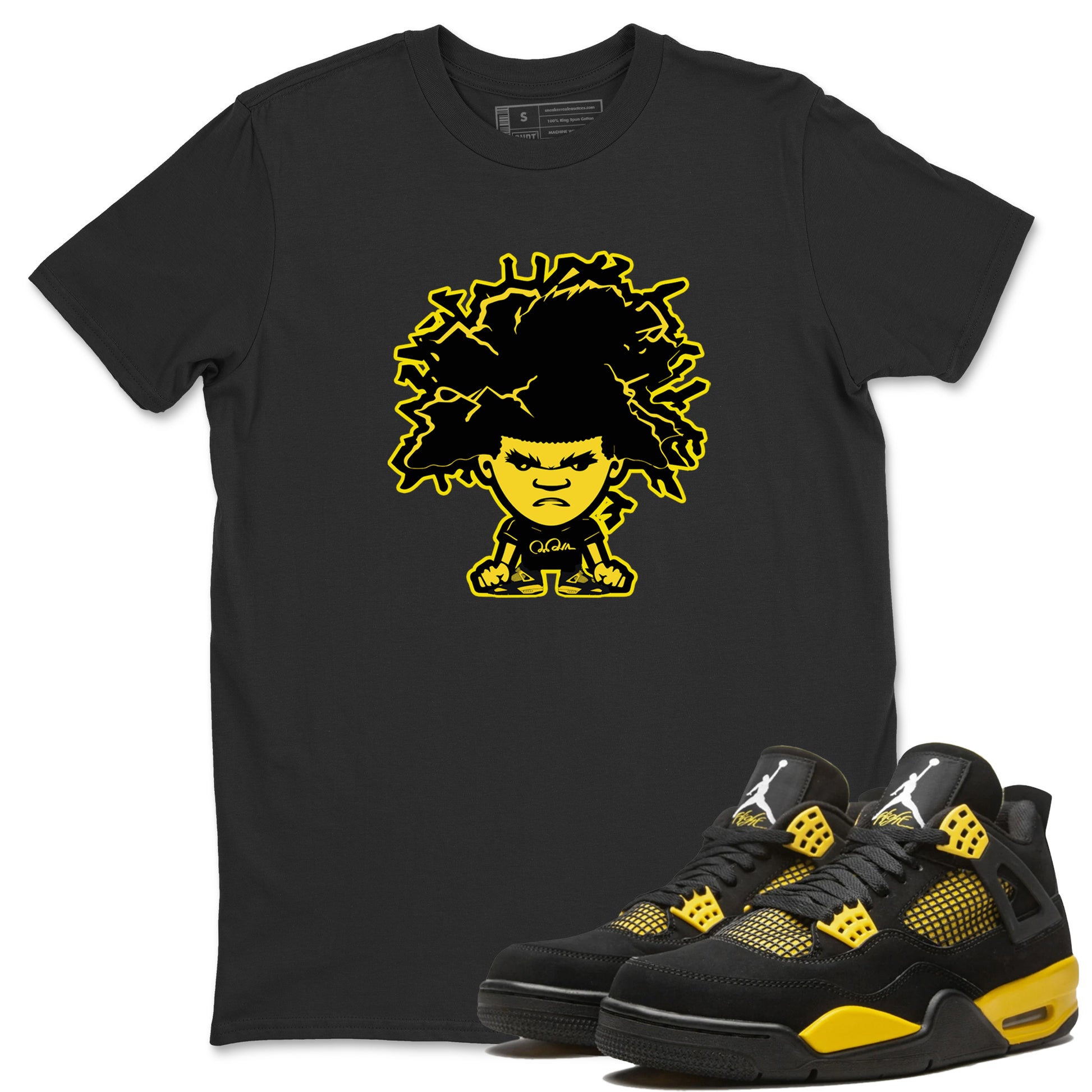 Air Jordan 4 Thunder Sneaker Match Tees Afro Boy Sneaker Tees Yellow AJ4 Thunder Sneaker Release Tees Unisex Shirts Black 1