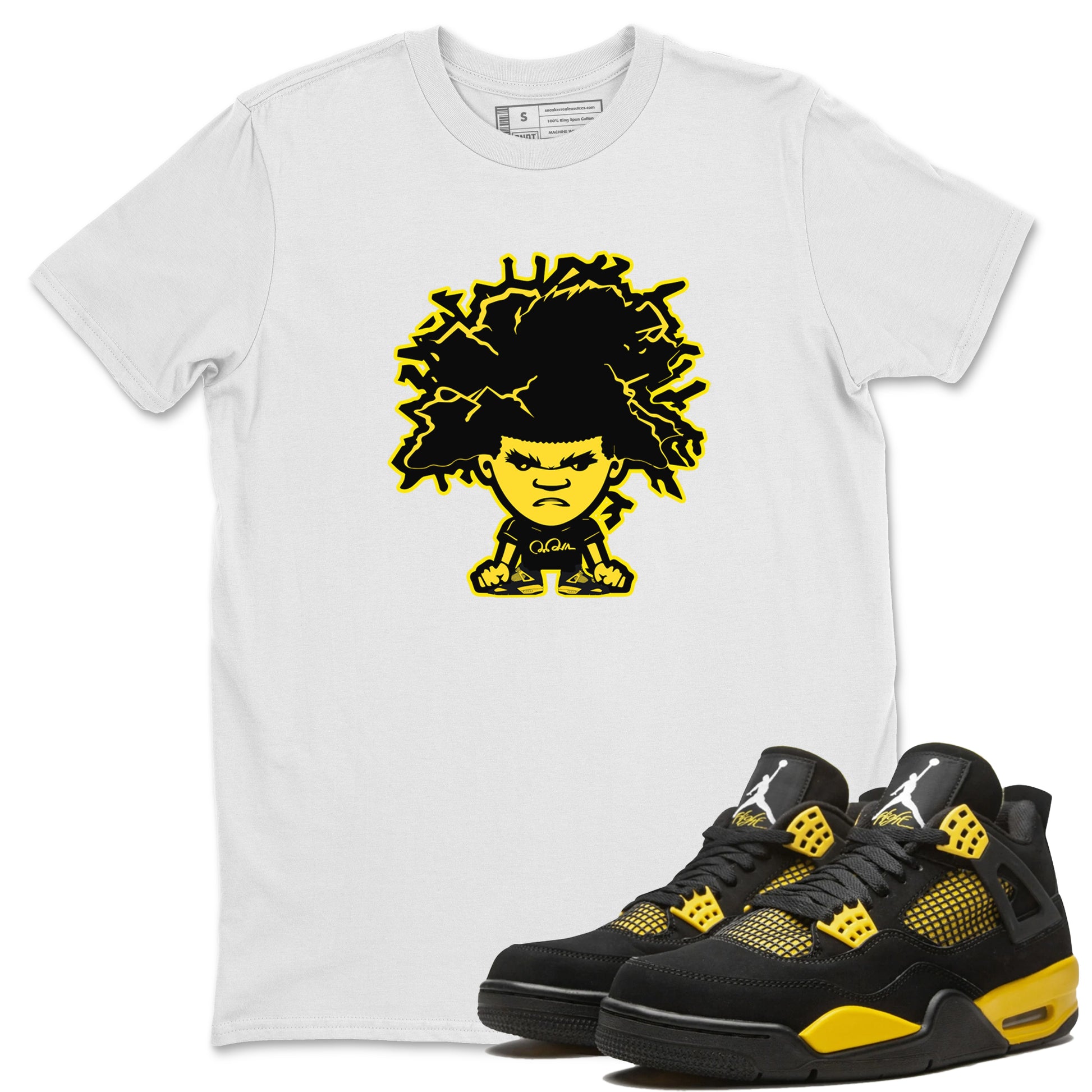 Air Jordan 4 Thunder Sneaker Match Tees Afro Boy Sneaker Tees Yellow AJ4 Thunder Sneaker Release Tees Unisex Shirts White 1