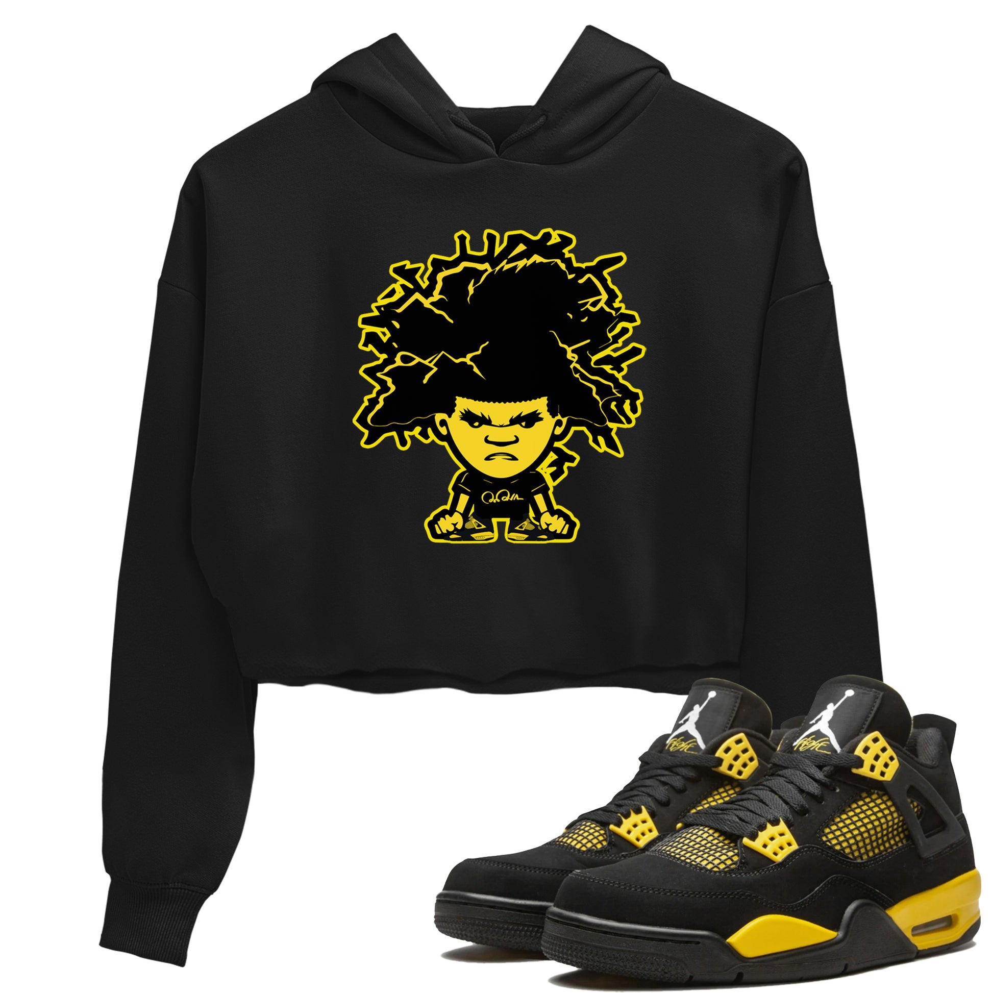 Air Jordan 4 Thunder Sneaker Match Tees Afro Boy Sneaker Tees Yellow AJ4 Thunder Sneaker Release Tees Women's Shirts Black 1