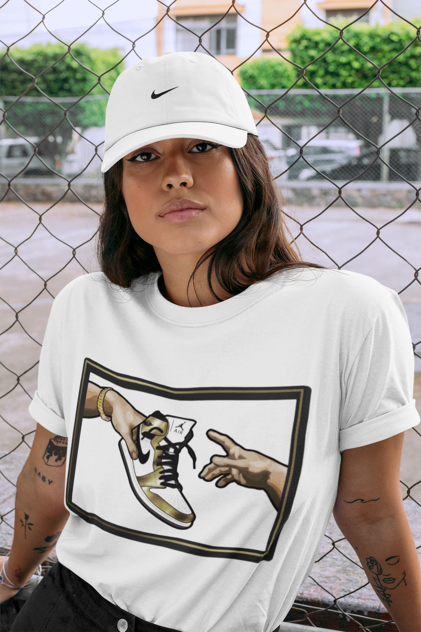 Jordan 1 Metallic Gold Sneaker Match Tees Adam's Creation Sneaker Tees Jordan 1 Metallic Gold Sneaker Release Tees Unisex Shirts