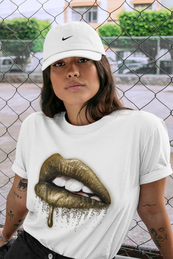 Jordan 1 Metallic Gold Sneaker Match Tees Dripping Lips Sneaker Tees Jordan 1 Metallic Gold Sneaker Release Tees Unisex Shirts
