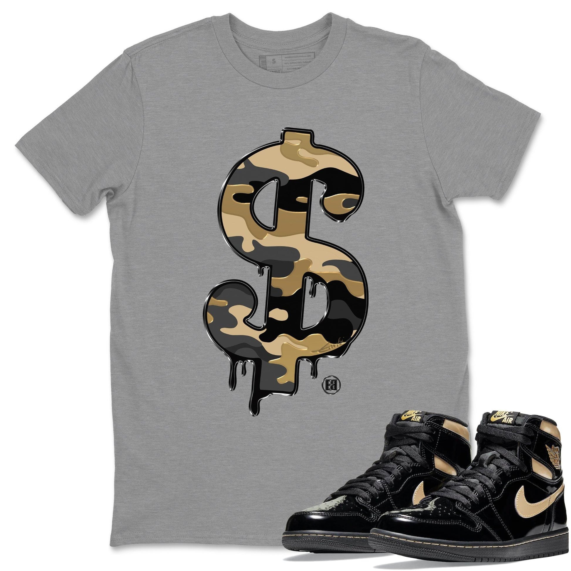 Jordan 1 Black Metallic Gold Sneaker Match Tees Dollar Camo Sneaker Tees Jordan 1 Black Metallic Gold Sneaker Release Tees Unisex Shirts